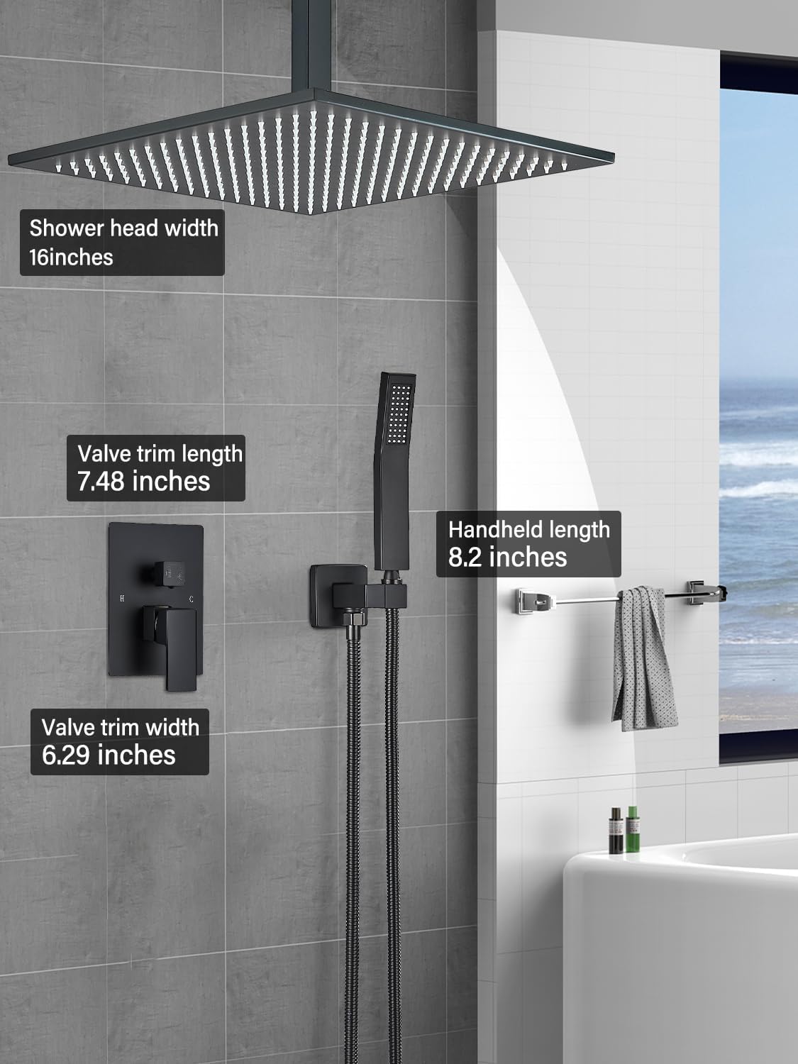 Matte Black Shower Faucets Sets Complete with 16" High Pressure LED Rainfall Shower Head and Handheld Spray Ceiling Mount Shower System Rough-in Valve Body and Trim Included