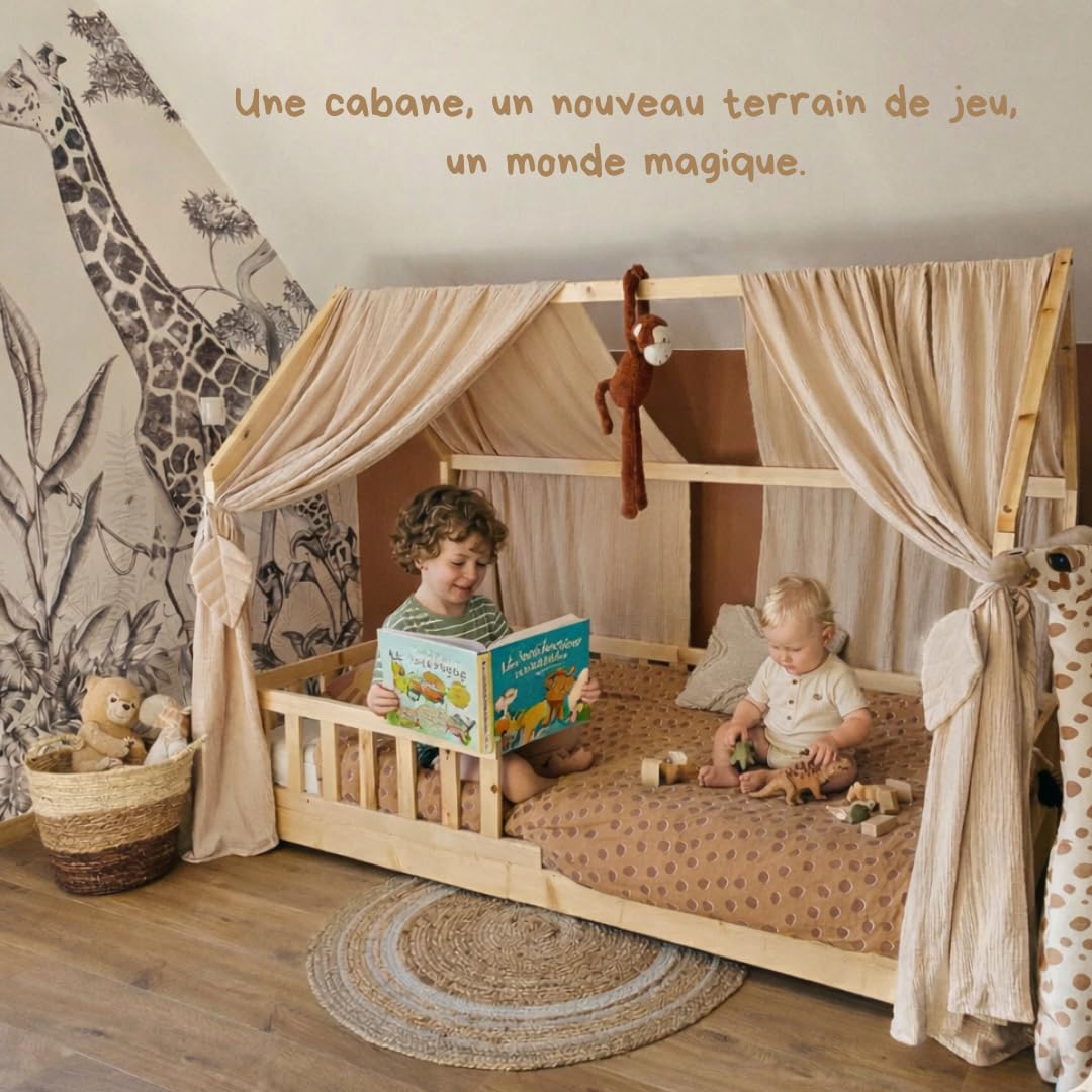 Ciel de lit cabane,100x350 cm, Coton Biologique Beige, décoration pour Chambre bébé ou Enfant. Inclus : 2 Toiles lit cabane; 2 Feuilles de décoration et Les Attaches Pratiques.