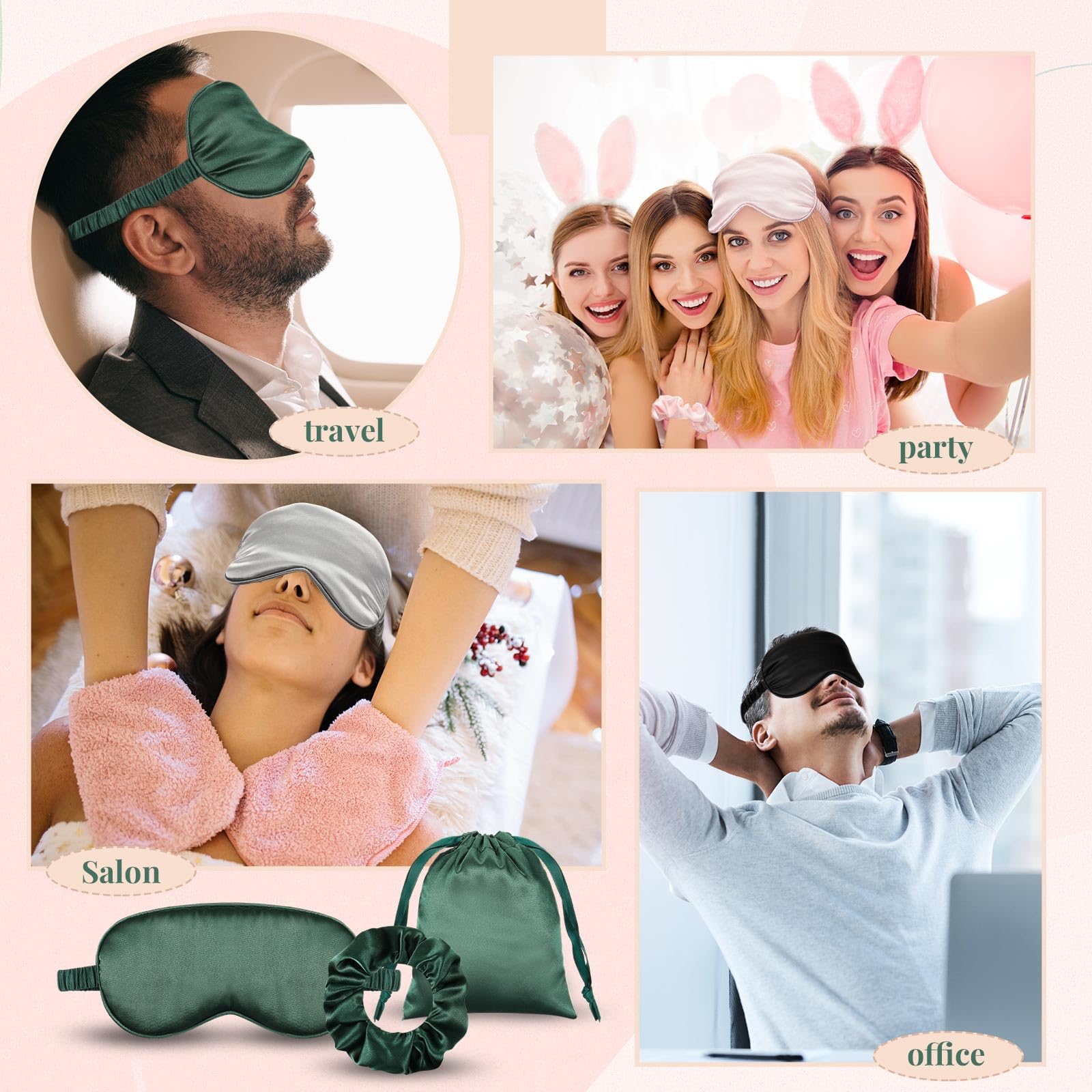 XunYee Satin-Schlafmaske, lichtblockierend, weiche Seidenimitat, inklusive Reisetasche und Haarbänder, Nacht-Augenschatten für Damen, Herren, Seitenschläfer, Reisen, Rosa, Silbergrau, Grün, Schwarz, 4