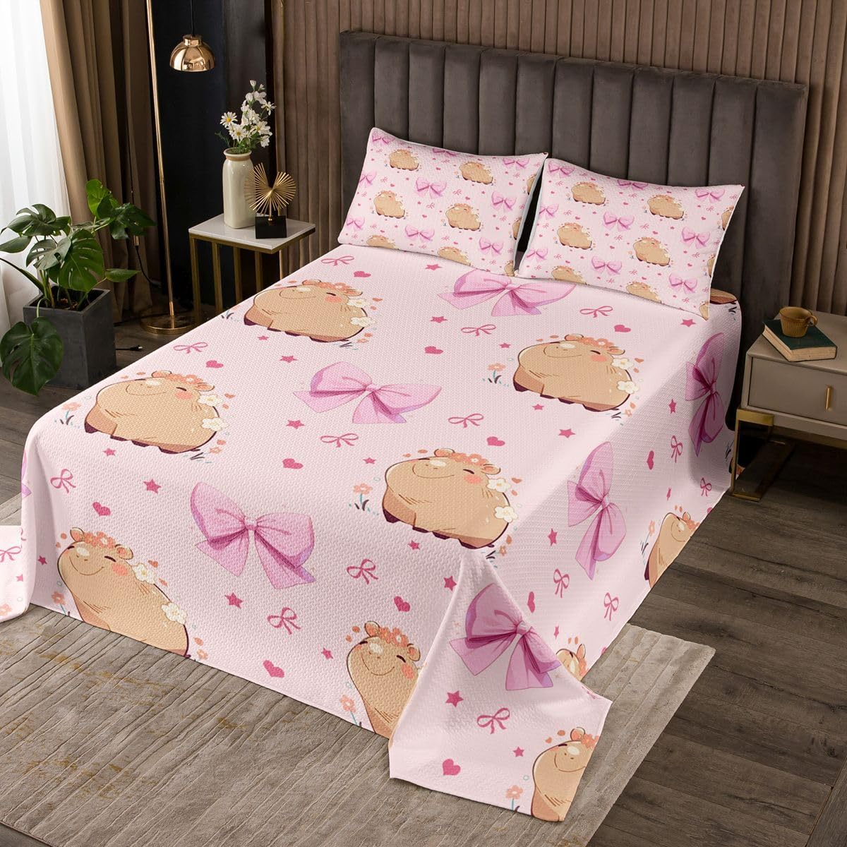 Manfei Capybara Bowknot Kids Bedspread Queen Size,Capybara Cute Bows Print Coverlet Set,Teens Women Bedroom Decor,Cartoon Lovely Pet Style Quilted Coverlet,Pink Bedding Quilt,2 Pillowcases