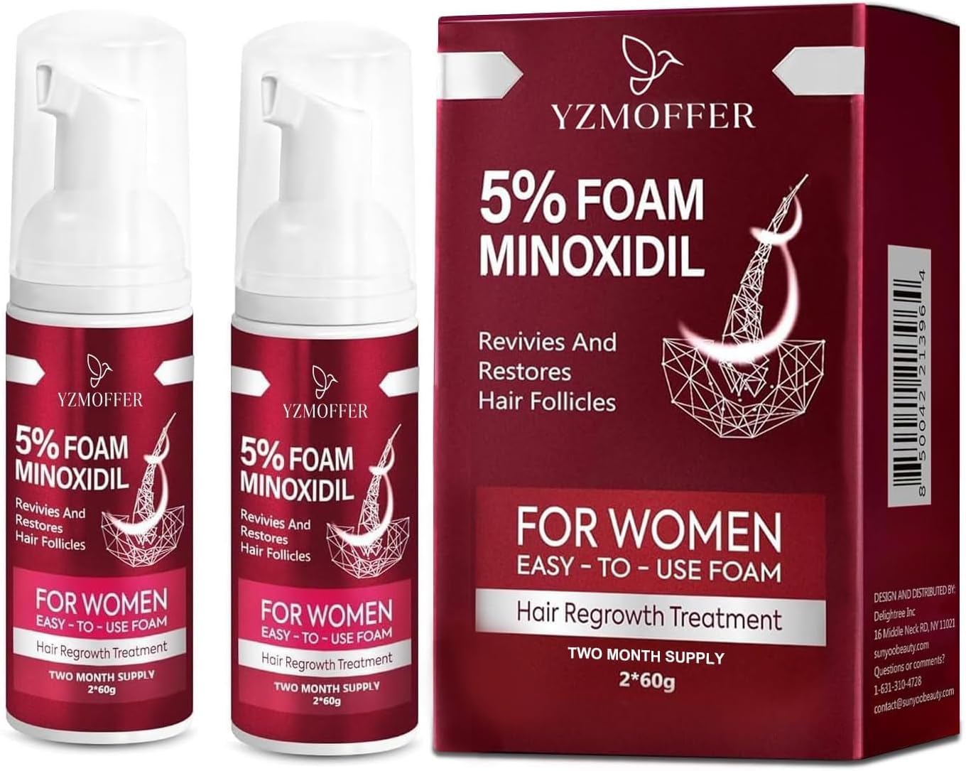 5% Minoxidil Foam for Women Hair Growth: Hair Regrowth Treatment for Women, Reduce Hair Thinning & Hair Loss, Nourish Scalp, Thicker & Fuller Hair, 2 x 60g (2-Month Supply)