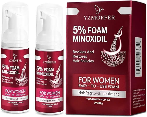 Yzmoffer 5% Minoxidil Foam for Women Hair Growth: Hair Regrowth Treatment for Women, Reduce Hair Thinning & Hair Loss, Nourish Scalp, Thicker & Fuller Hair, 2 x 60g (2-Month Supply)