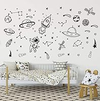 Vista 3 de Calcomanías de pared temáticas del espacio exterior para habitación de niños, calcomanías de vinilo de cohete, estrellas, planetas, arte de galaxia