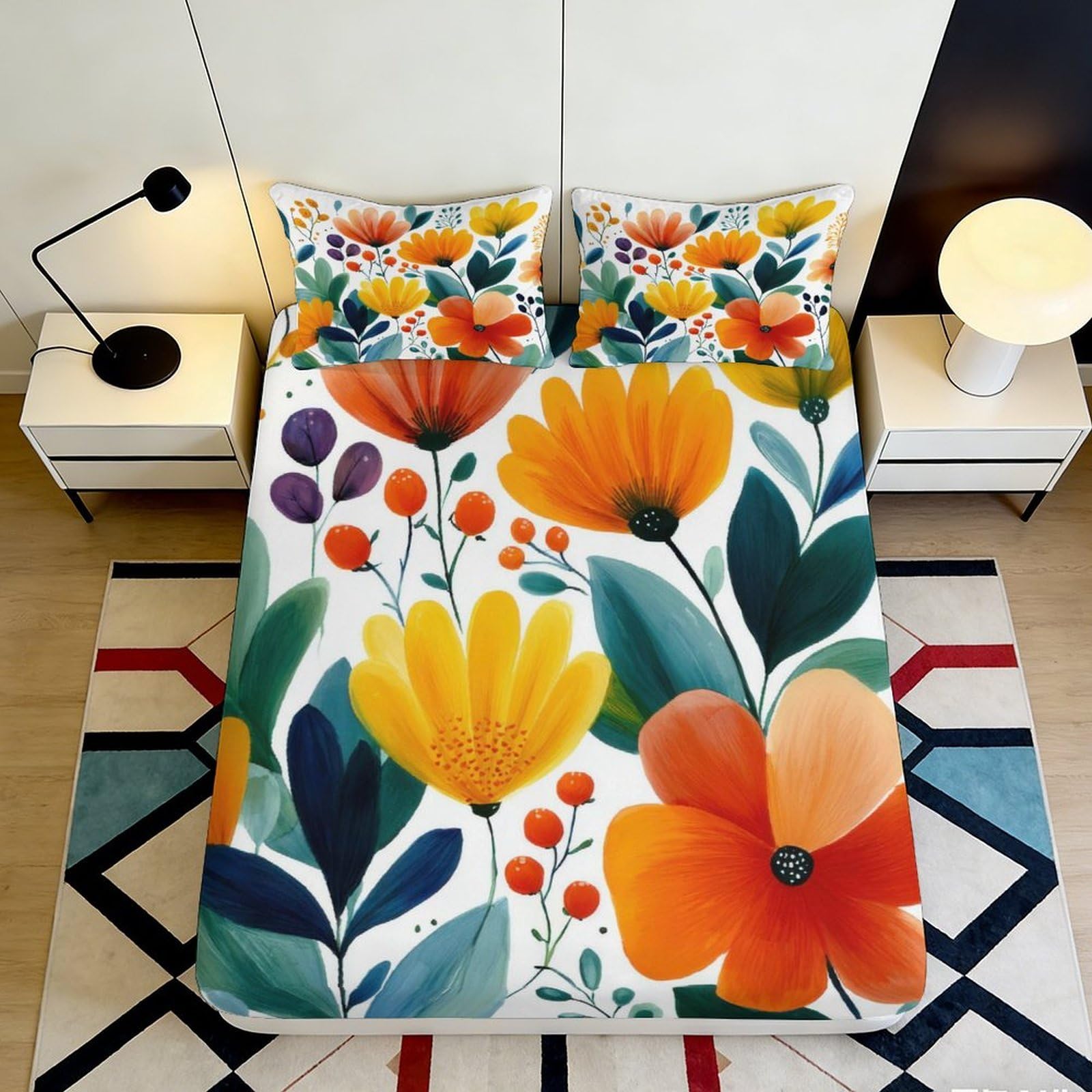 Uxinyoume Style-9 3D Printed Colorful Floral Fitted Sheet Microfiber Orange Blossom Bed Sheet For Bedroom Guest Room Dustproof Decor 90X200x25cm