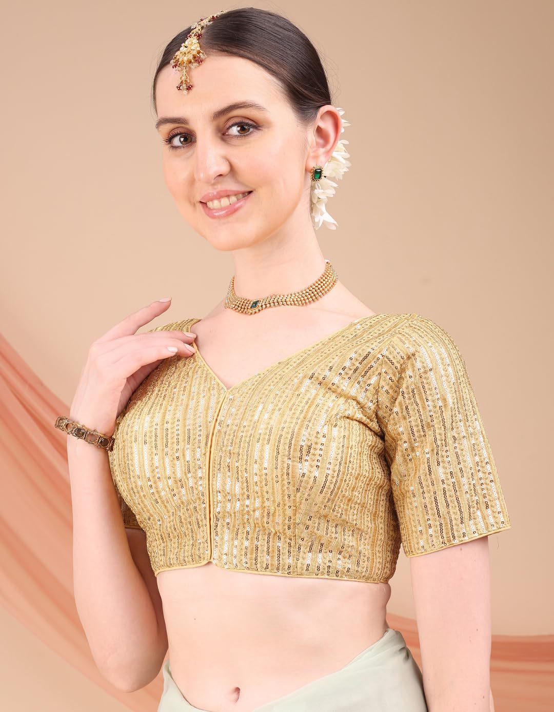 Pujia Mills Women's Indian Ethnic Wear Designer Sequence With Matching Thread Embroidered Work V Neck Half Sleeve Readymade Padded Saree Blouse Readymade Unique Gold Color Saree Blouse