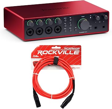 حزمة Audiosavings Focusrite SCARLETT 18I16 4G الجيل الرابع 24 بت 192 كيلو هرتز حزمة واجهة تسجيل الصوت مع 1 Rockville RCXFM10P-R Red 10 أنثى إلى ذكر REAN XLR ميكروفون/كابل مكبر صوت 2 عنصر