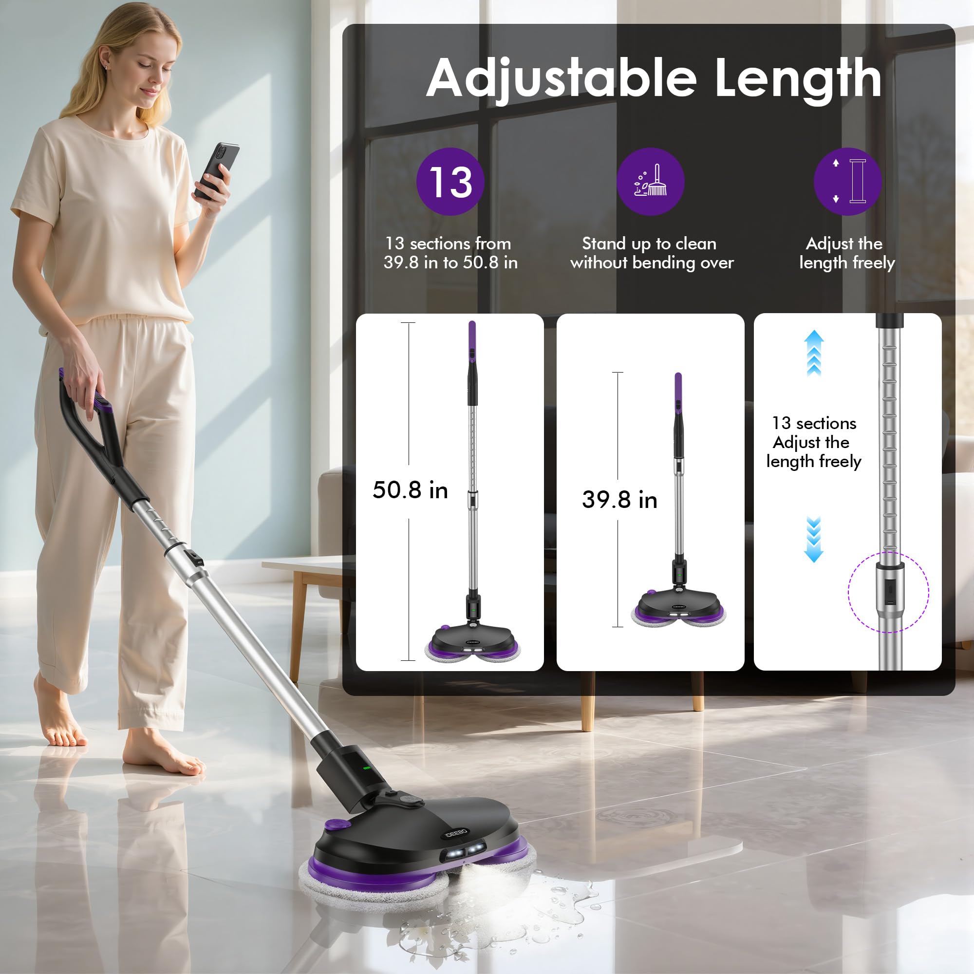 Mocio elettrico senza fili, con funzione spray, illuminazione a LED, serbatoio dell'acqua da 300 ml, lavapavimenti elettrico per lavare, strofinare e lucidare