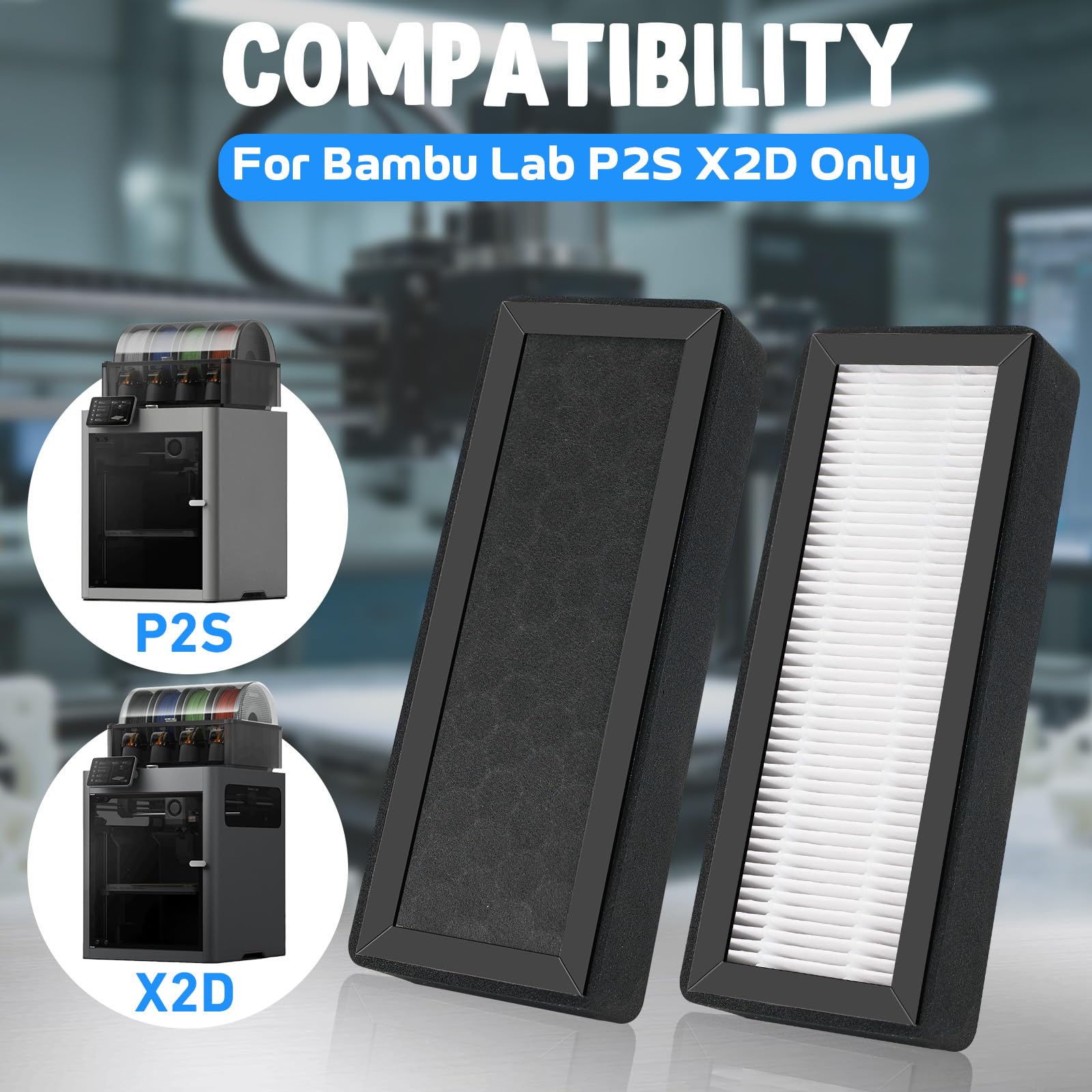 2 sztuki P2S X2D HEPA + aktywowany filtr węglowy do Bambu, HEAP filtr z węglem aktywnym P2S X2D Carbon Filter zamienny do Bambulab P2S VOCs PM2.5, drobnego pyłu, dwuwarstwowa, ulepszona