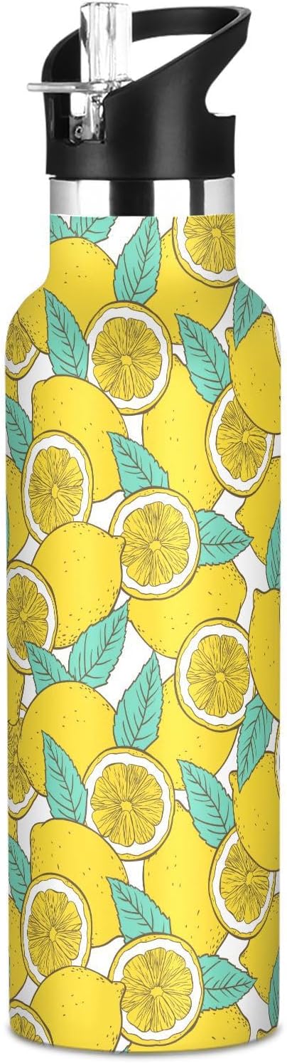 Water Bottle with Straw Lid Tropical Summer Fruit Lemon Kids Insulated Stainless Steel Water Flask Sports 20 Oz
