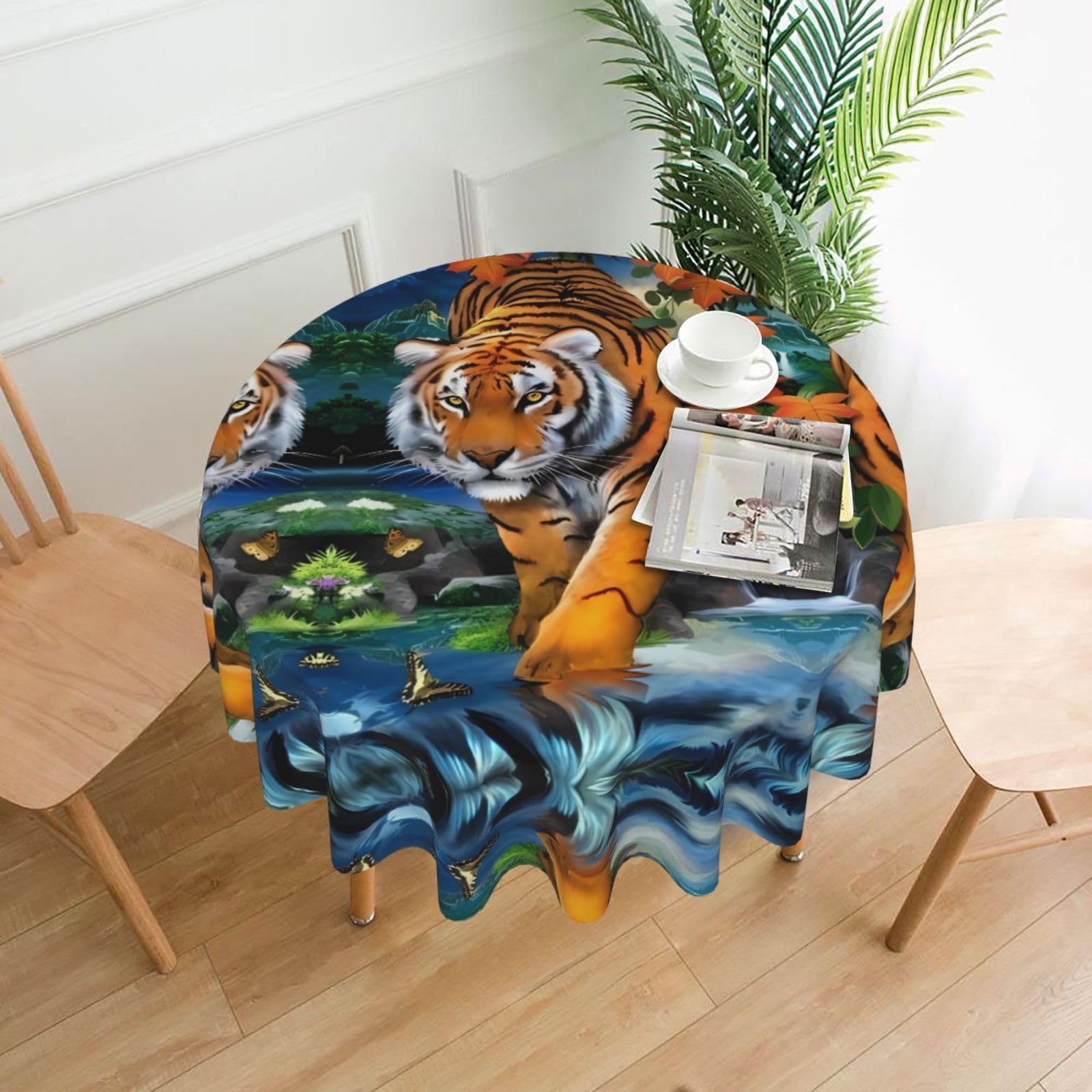 WHJSHOP tiger Prints Round Table Throw 60 Inch – Waterproof Table Cover for Dining, Coffee Tables, Parties & More - Soft, Wrinkle-Resistant Table Layer