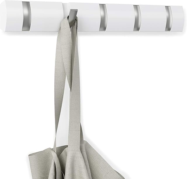 Umbra Flip 5-Hook Wall Mounted Coat Rack, Modern, Sleek, Space-Saving Coat Hanger with 5 Retractable Hooks to Hang Coats, Scarfs, Purses and More, White/Nickel