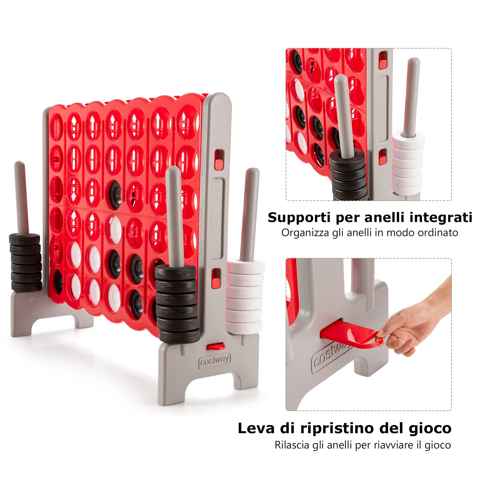COSTWAY Forza 4 Gigante da Interno ed Esterno, Forza Quattro per Bambini e Adulti con 42 Anelli Giganti e Dispositivo di Scorrimento a Sgancio Rapido, Perfetto per Feste e Vacanze