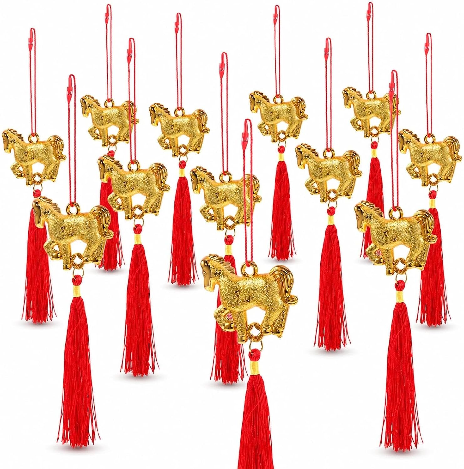 LOGOFUN 12pcs Chinese Horse Hanging Ornaments with Red Tassel