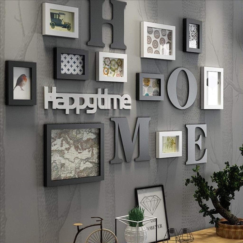 Photo Frame Collage Solid Wood Combination Living Room Photo Frame Wall Creative Restaurant Background Wall Decoration (Color : Black)
