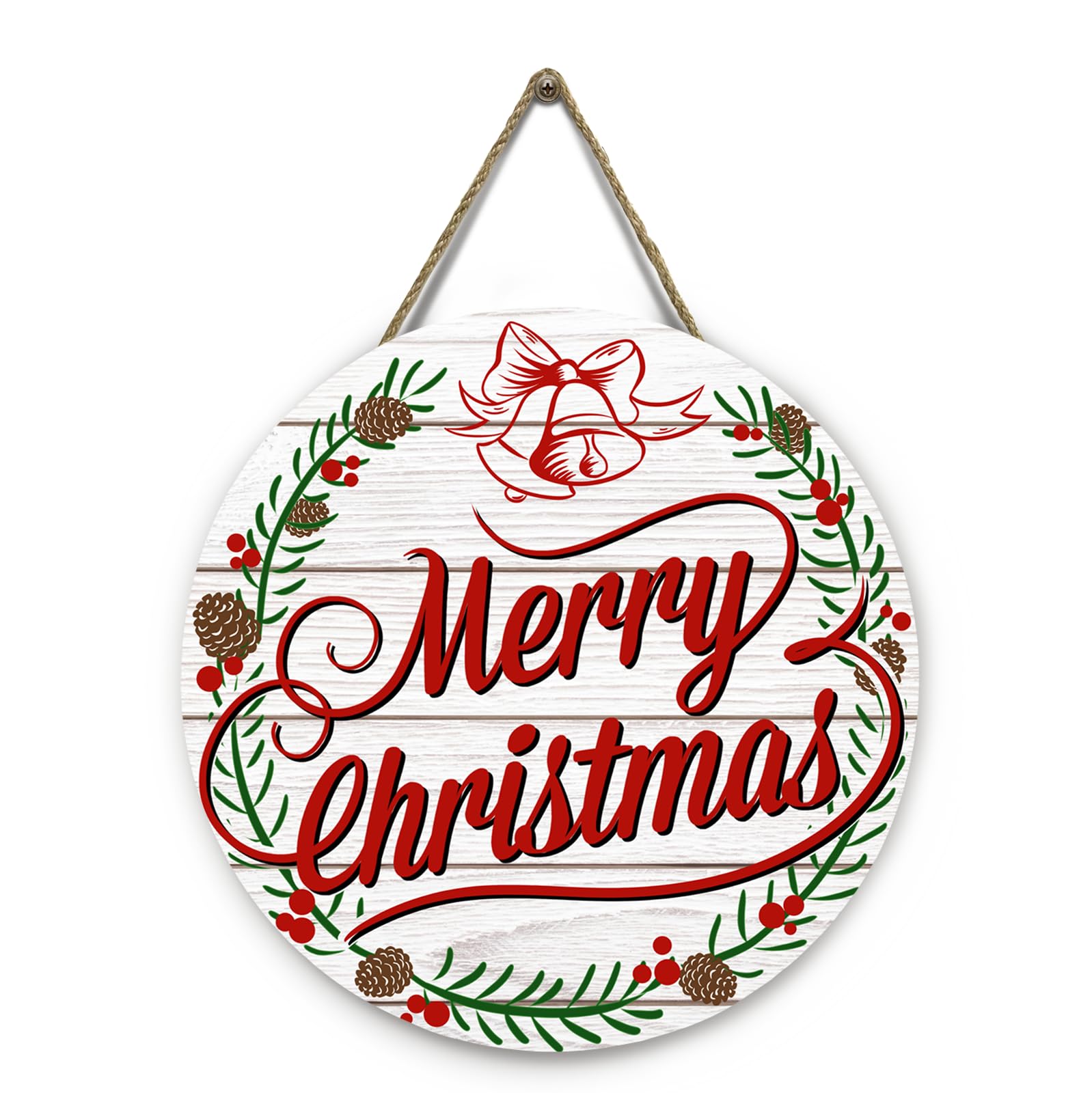 Dacawin Merry Christmas Door Sign Hanging Round Wooden Plaques Welcome Front Door Sign New Year Wooden Sign Christmas Themed Winter Art for Home Indoor Outdoor Decoration