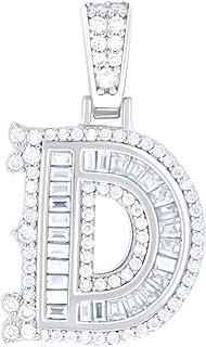 14K White Gold Look 925 Sterling Silver Unisex Baguette Round Moissanite 0.55ct Initial Alphabet D Charm Pendant