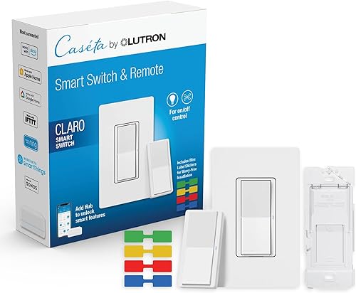 Lutron Claro Smart Switch 3-Way Kit for Caseta Smart Lighting, Includes Wall Plate, Pico Paddle Remote, and Bracket, Neutral Required, DVRF-PKG1S-WH