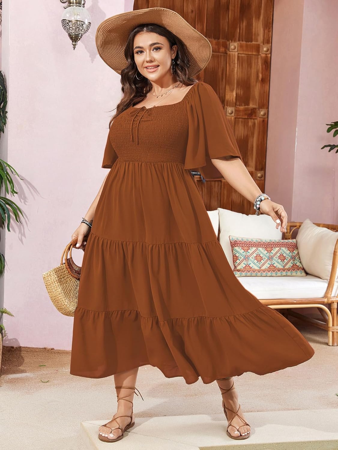 SCOMCHIC Women's Plus Size Flowy Maxi Dress Flutter Short Sleeve Boho Dress Square Neck Smocked Formal Dresses for Women - Image 3