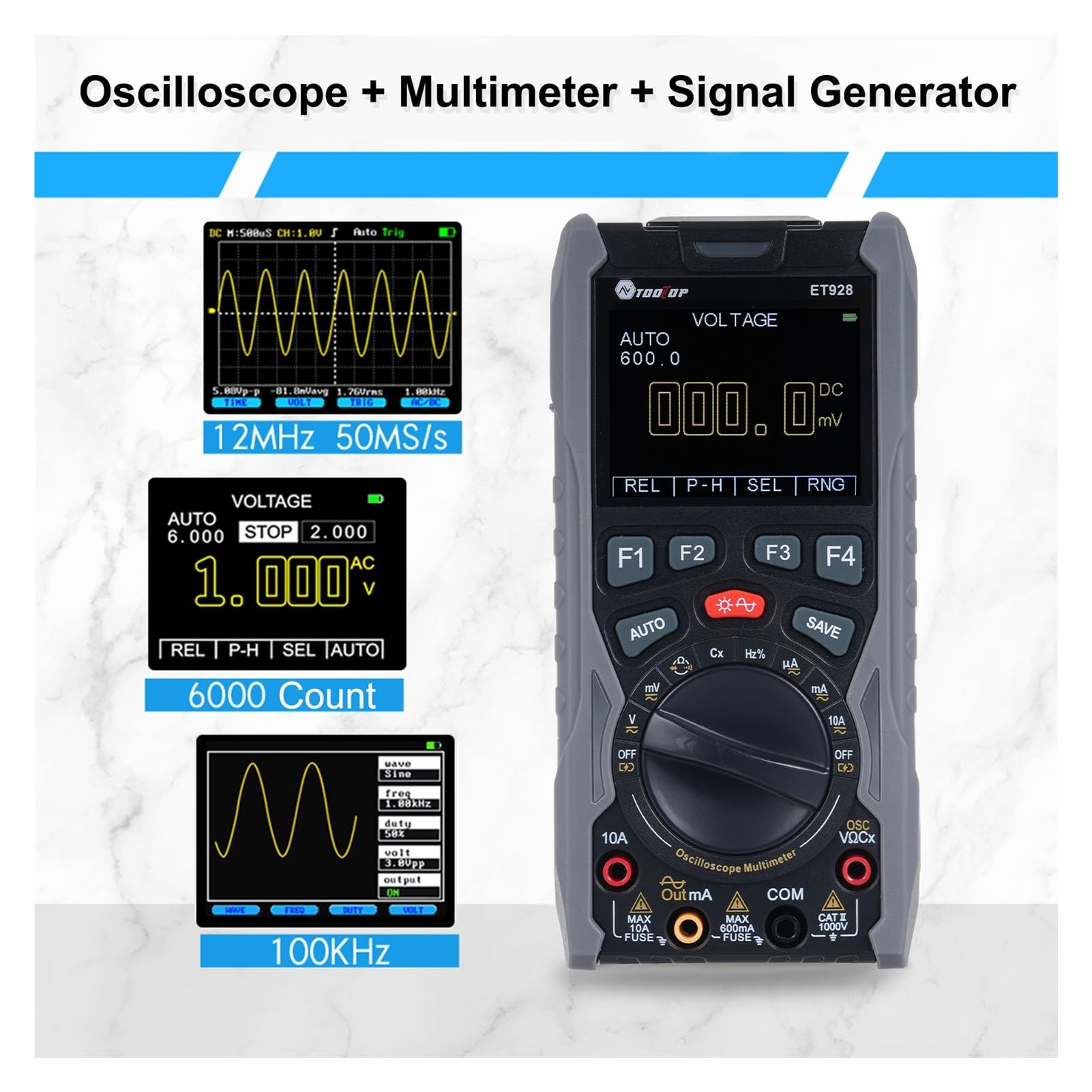 Osciloscopio Digital Osciloscopio Digital portátil 3 en 1, multímetro de 6000 recuentos y generador Formas Onda