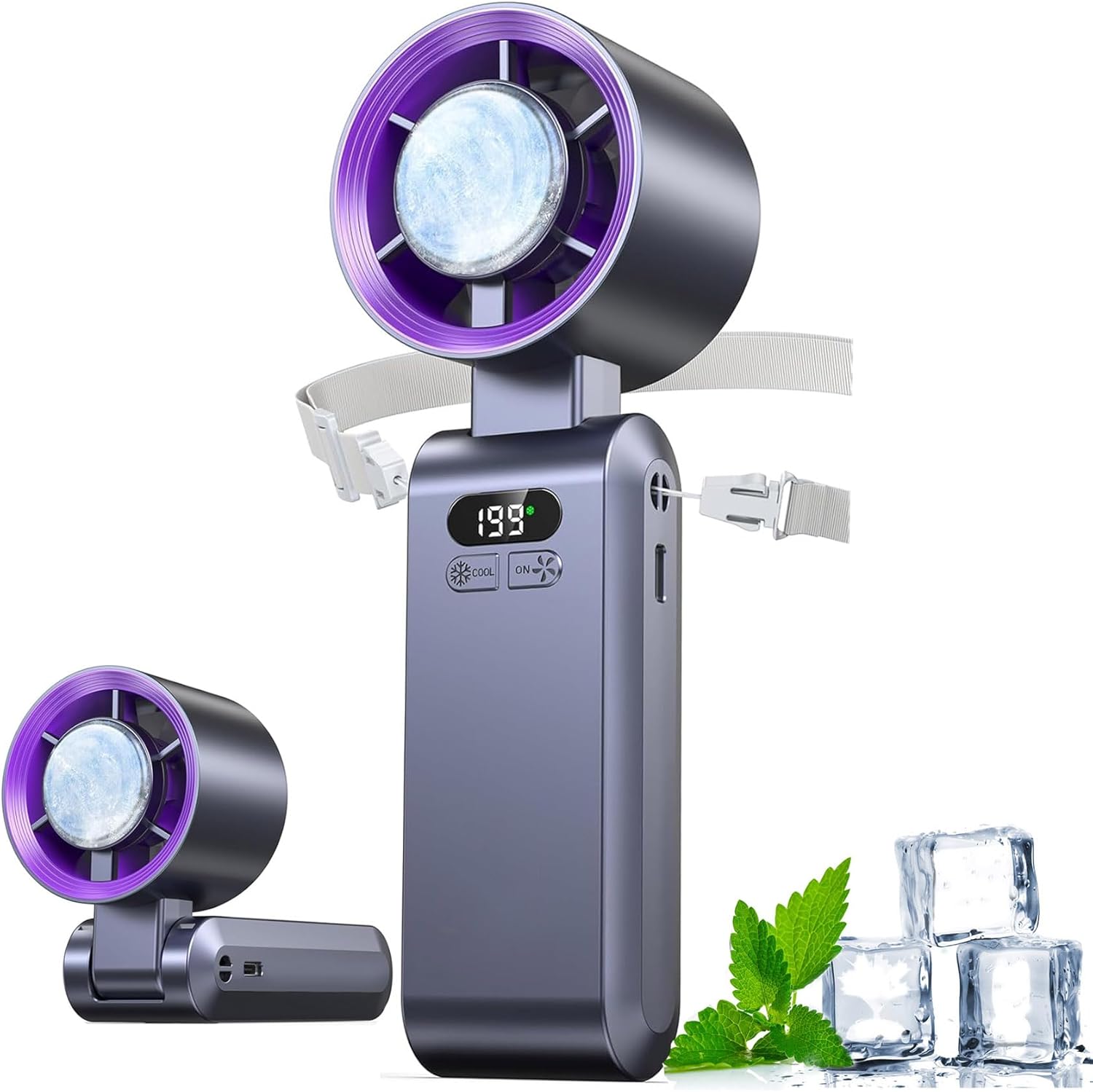 Chill breeze Portable Turbo Fan, 2026 New Personal Handheld Cooling Fan with Ice Cooling Pad, 199 Speeds 3 in 1 Small Desk Neck Fan, For Travel and Office Use, With Lanyard Data Cable (Gray)