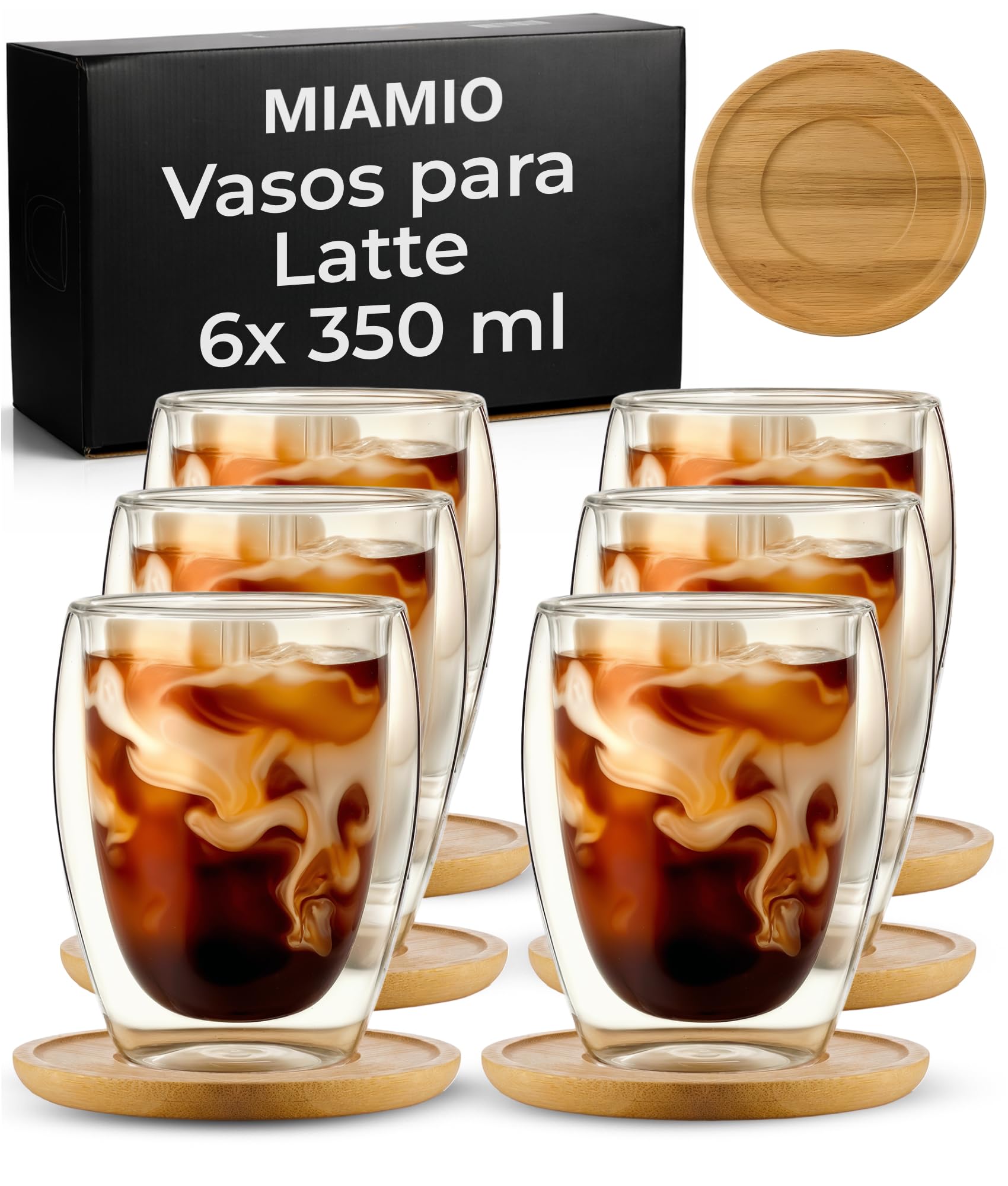 MIAMIO - Juego de 6 vasos para latte macchiato/vasos de café de doble pared/sin asa/vidrio/pared gruesa/vidrio borosilicato (350 ml)