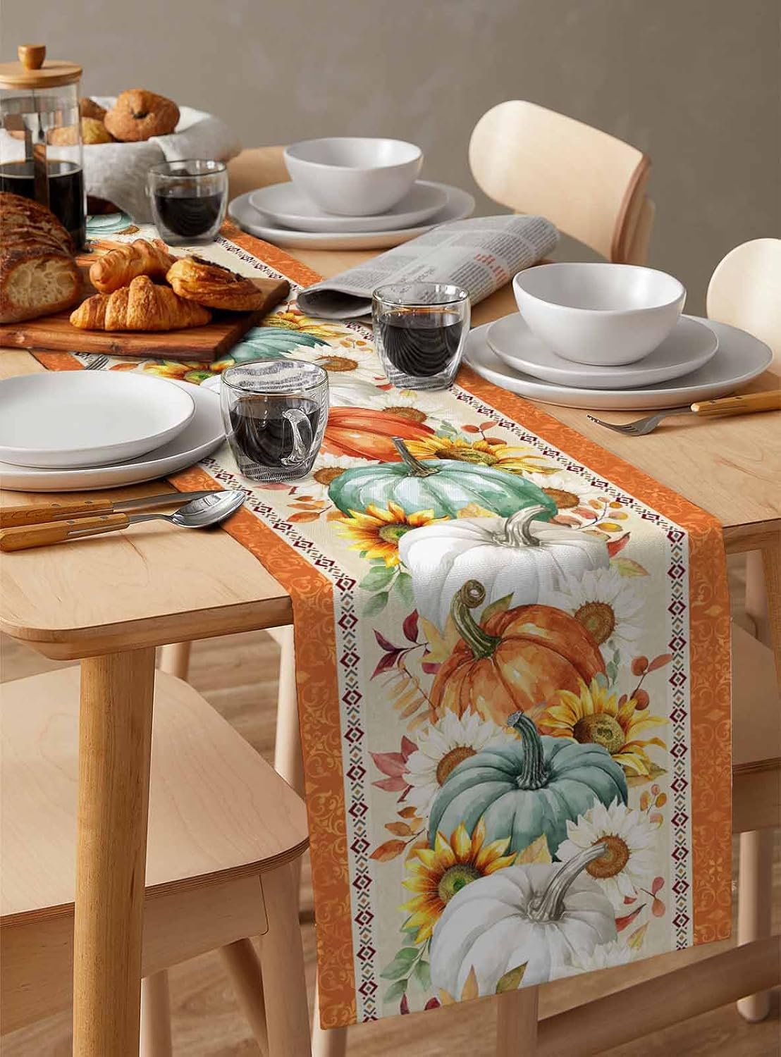 Pumpkins Sunflower Table Runner 13"x120" Thanksgiving Sage Green Orange Pumpkin Cotton Linen Table Runners Fall Leaves Sunflower Table Cover Dresser Scarves for Kitchen Dining Holiday Party Wedding
