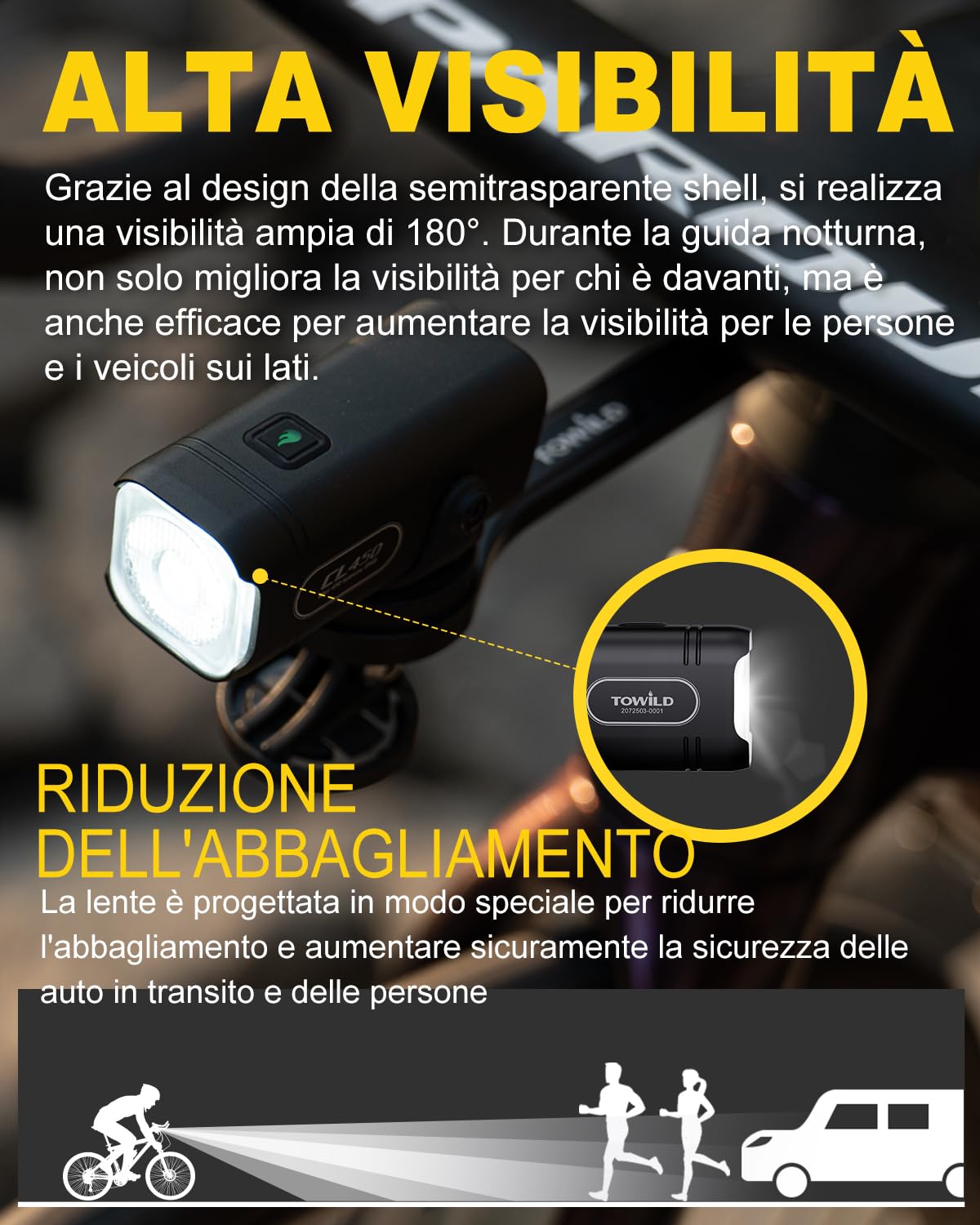 towild CL450 Luci Bici,95g Luce Anteriore Bicicletta da Strada di Dimensioni Compatte,Faro Bici 450 Lumen con 5 modalità di Illuminazione,Carica USB-C Luce Ciclismo IPX6 Fino a 7 Ore di Autonomia