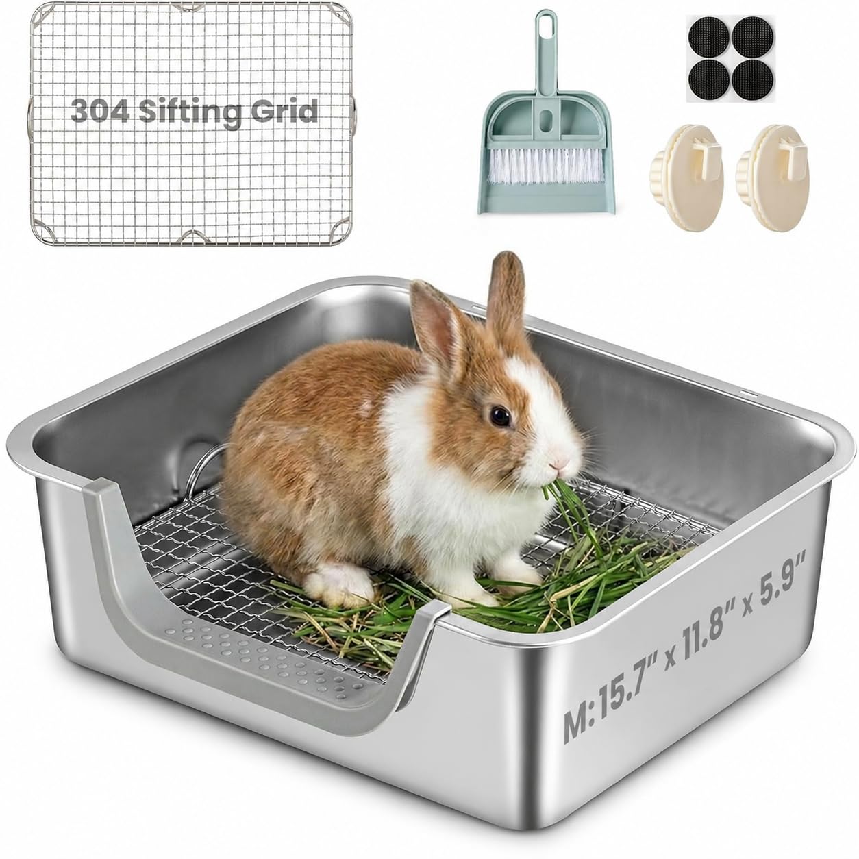 Photo 1 of TIUUBT Rabbit Litter Box, Extra Large Bunny Litter Box with 304 Stainless Steel Sifting Grid, Safe Plastic-Covered Entry Edge & Hooks, Easy to Clean and Odor Control (15.7" × 11.8" × 5.9")