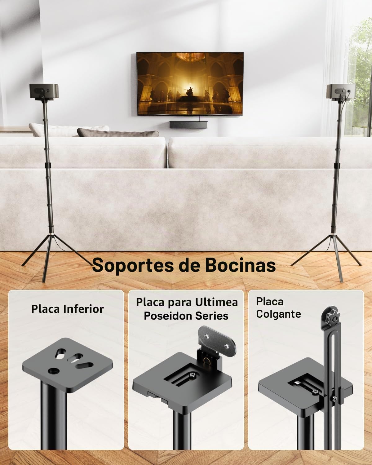 ULTIMEA Steady 310 - Juego de 2 soportes universales para altavoces de altura regulable, color negro, extensibles de 62 cm a 93 cm para satélites y altavoces de estantería con una carga de hasta 3 kg