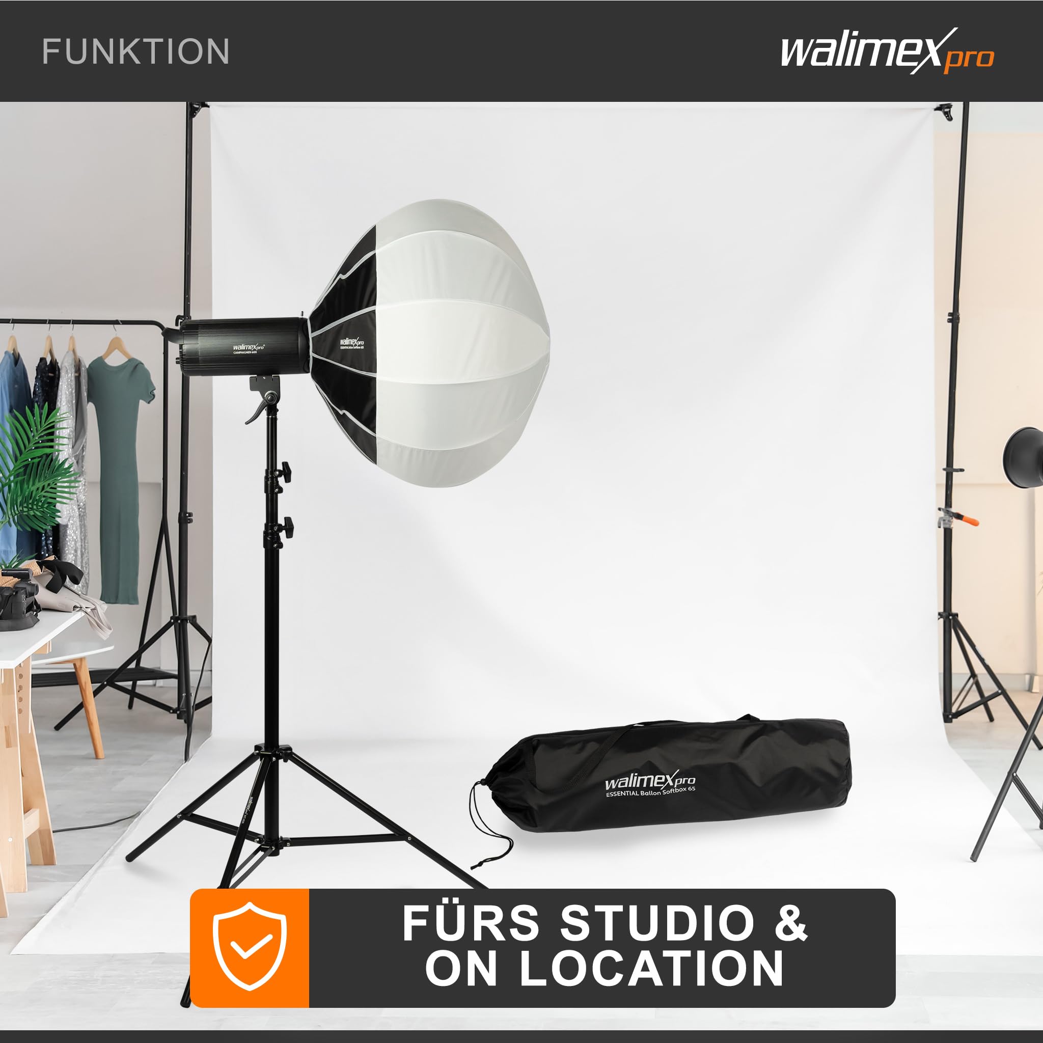 Walimex pro Essential Ballon Softbox 65cm, schnell öffnender 360° Lichtdiffusor, inkl. Bowens Adapter, kompatibel mit Allen gängigen Blitz- und Dauerlichter mit Bowensanschluss