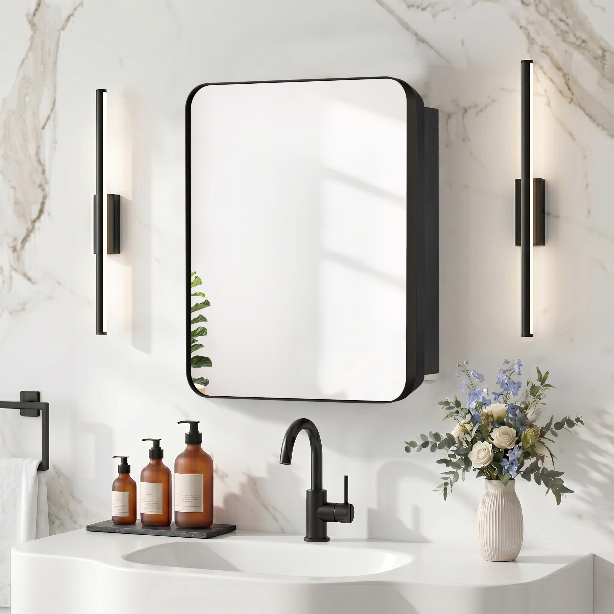 Photo 1 of FOMAYKO Bathroom Medicine Cabinet with 16"x20" Stainless Steel Framed Mirror,Recessed or Surface Mounted Bathroom Mirror Cabinet,Storage Cabinetfor Bathrooms, Guest Rooms, Apartments, Farmhouse Decor