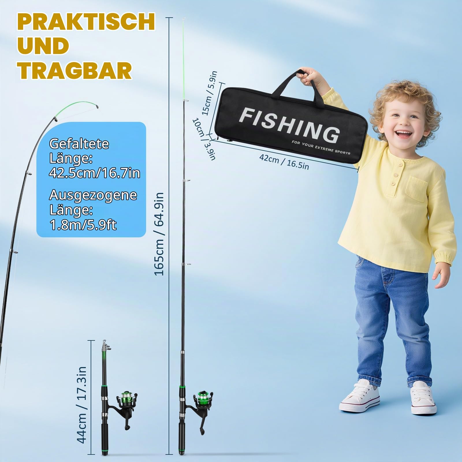 Teleskop Kinderangel Set,Angelruten mit 5.2:1 Spinnrolle Angelset Zubehör Köder Box Tragetasche,Anfänger Starter Set Süsswasser Salzwasser See Fluss Seeangeln,1.8M/5.91FT