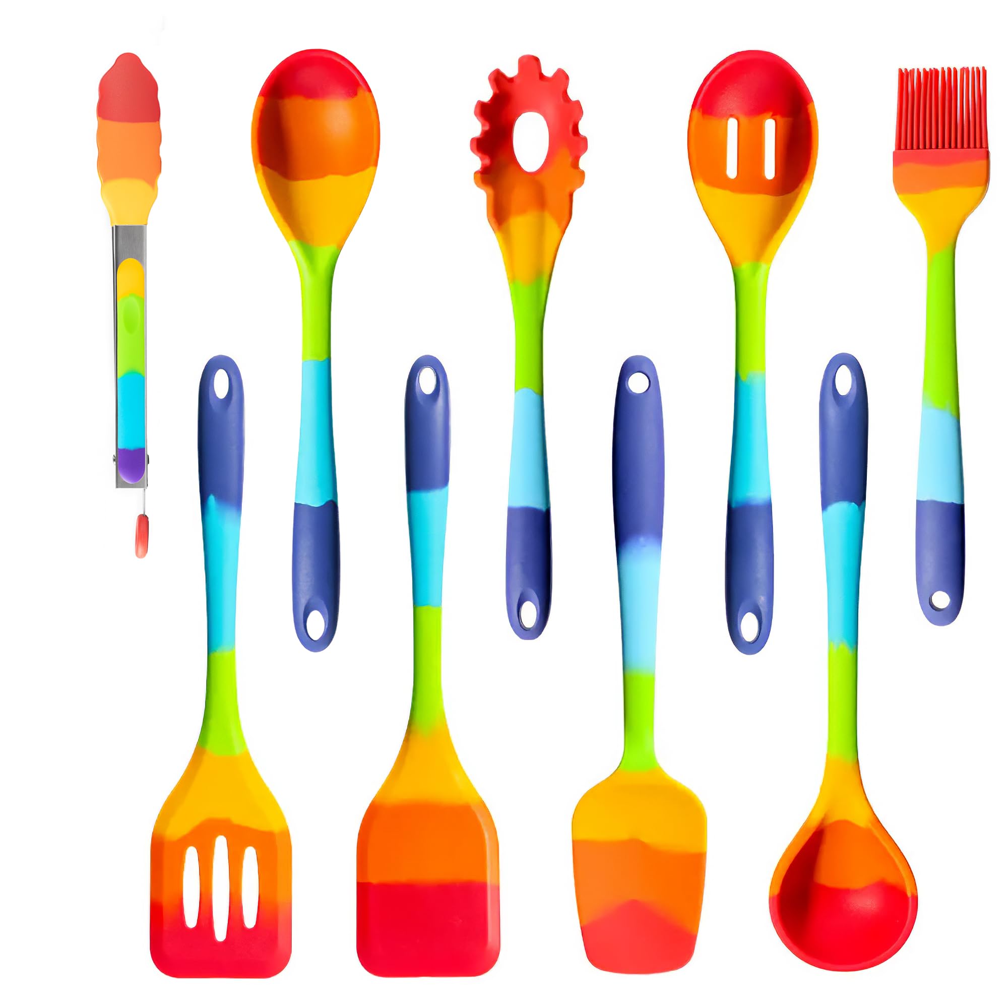 Rainbow - Juego de espátulas de silicona para cocinar y hornear, multicolor, 8 piezas resistentes al calor, utensilios de cocina antiadherentes, espátula flexible, cuchara, espátula, cepillo, seguro