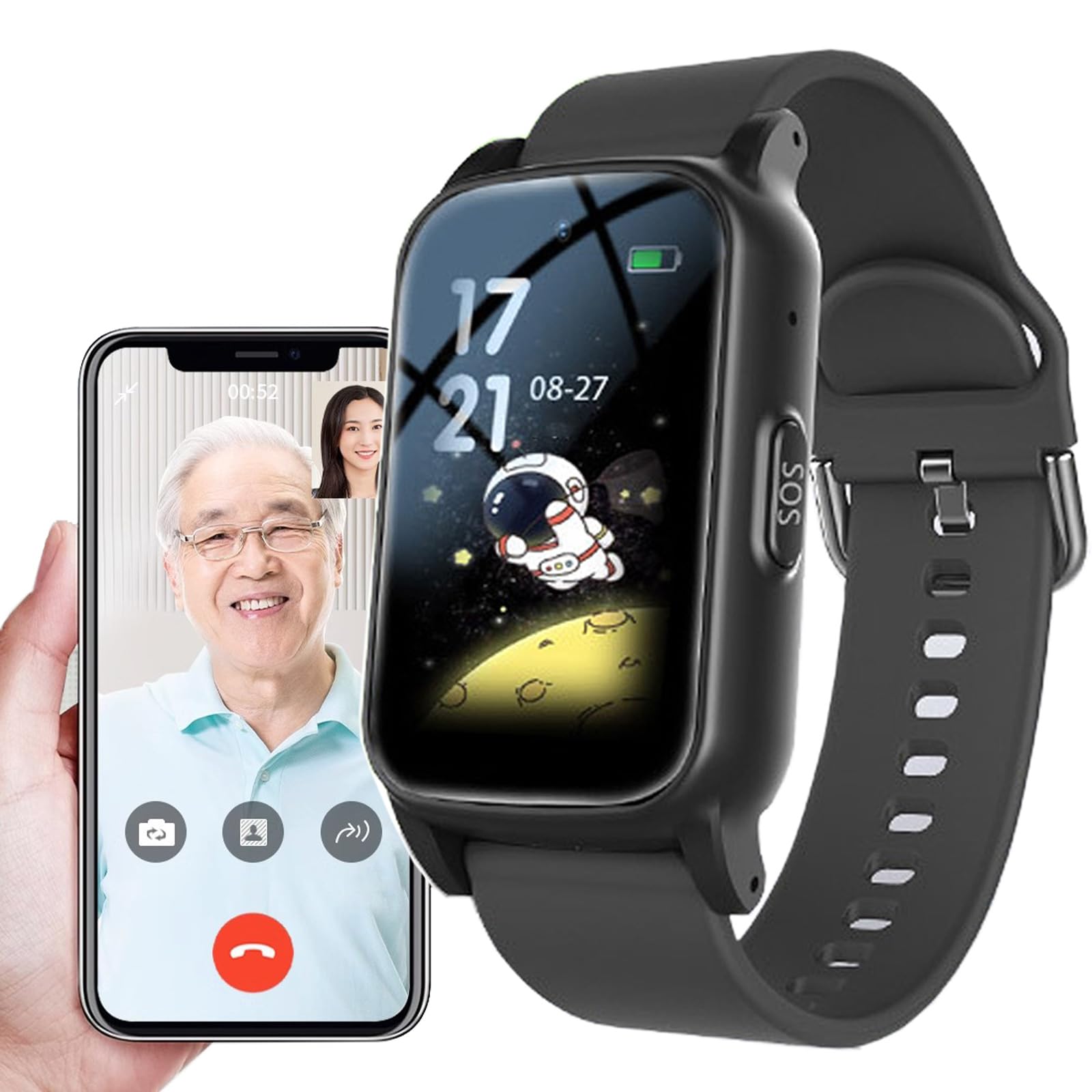 Reloj Inteligente con Detección de Caídas, Reloj Localizador Personas Mayores GPS, Pulsera SOS, Rastreador GPS, Llamada de Emergencia SOS, Boton Emergencia AncianosBlack,One Size