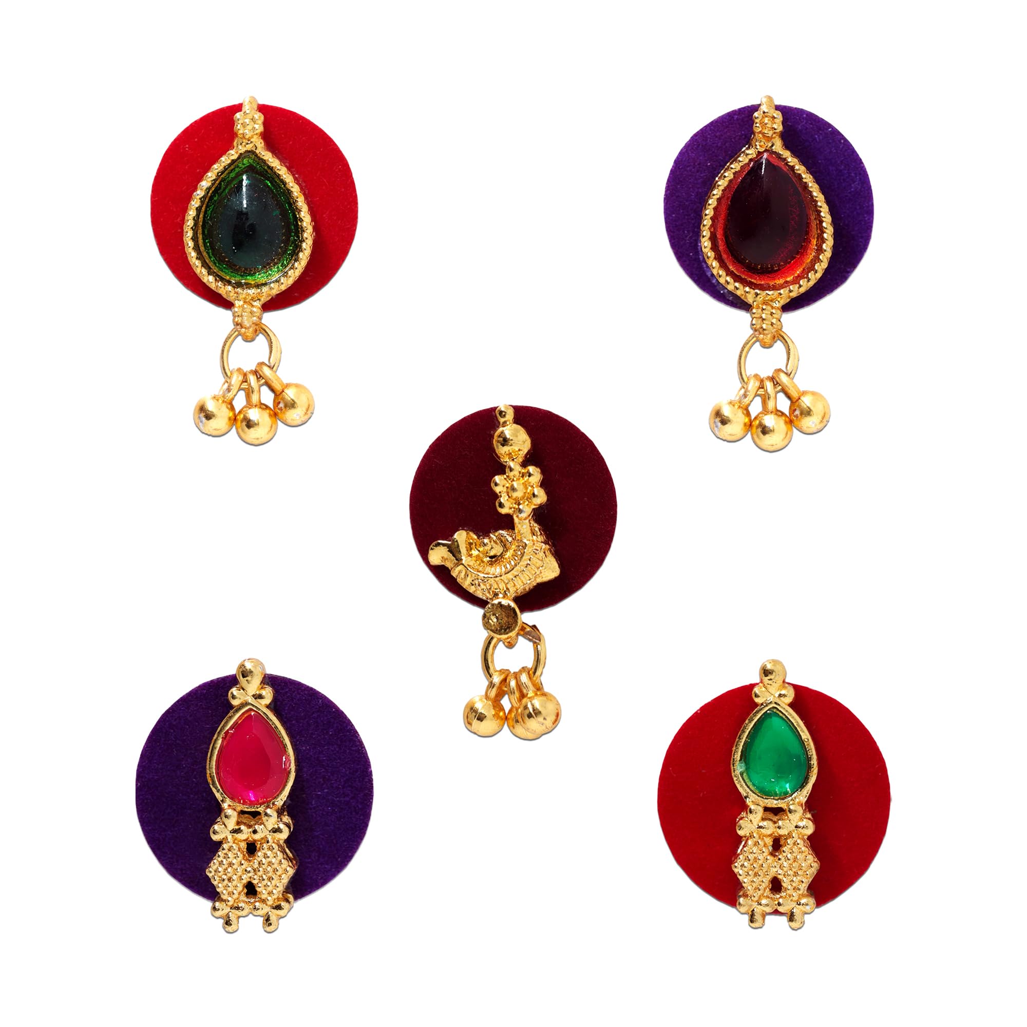 comet busters Indira by Comet Busters® Premium Antique Gold Drop Designer Velvet (5 Bindis) ghungroo Teardrop Stone & Jhumki Dangler Reusable Bindis (CIND136)-picture-33