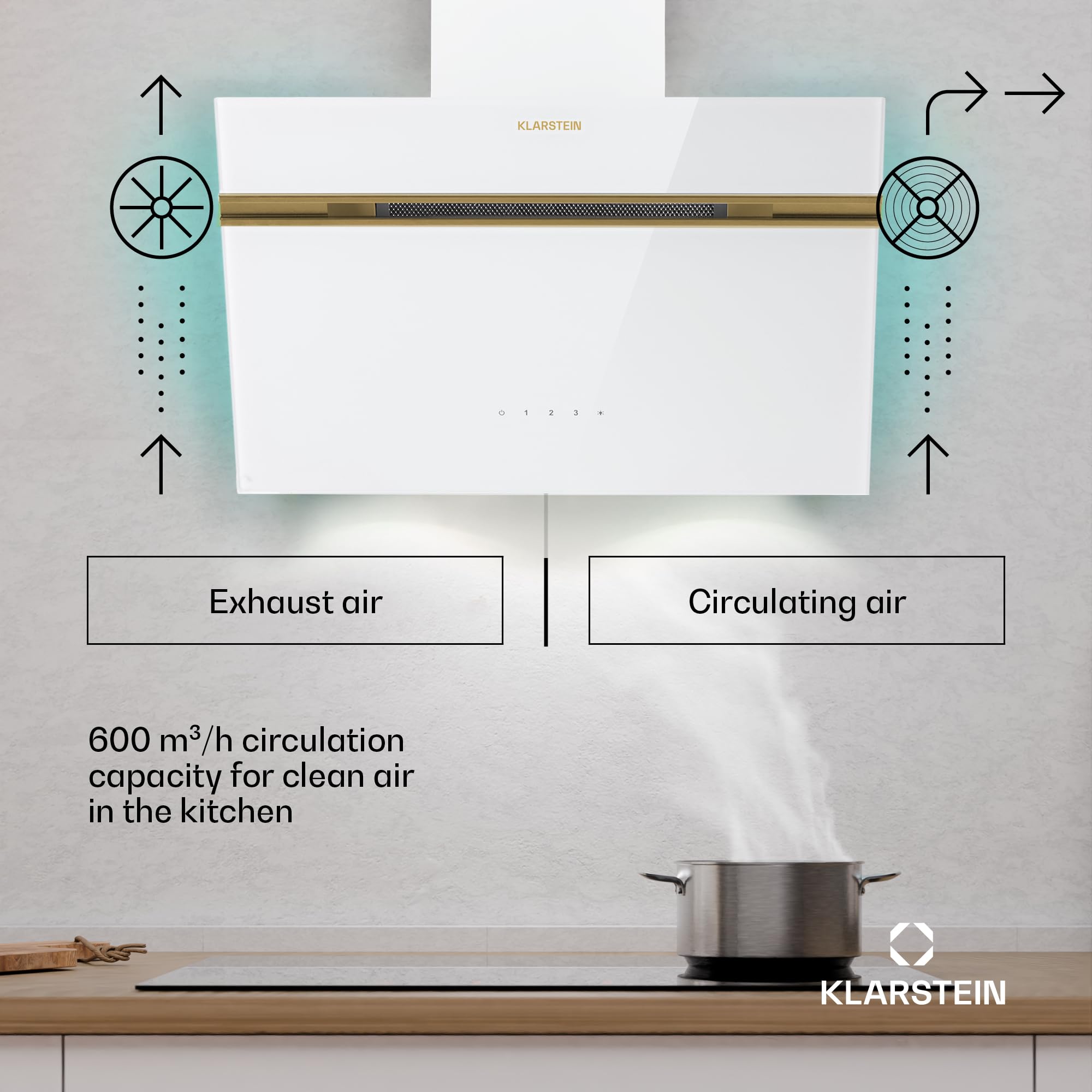 Klarstein Alina Okap kuchenny przyścienny – 60 cm, przepływ 600 m³/h, sterowanie dotykowe, klasa energetyczna A, podświetlenie LED w 9 kolorach, cichy 52 dB, biało-złoty, opcja recyrkulacji