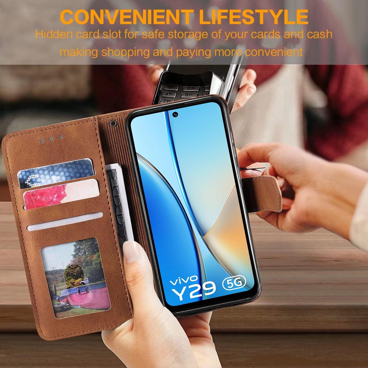 GoldKart Flip Back Cover Case for Vivo Y19s / Vivo Y29 5G | Dual-Color Leather Finish | Inbuilt Stand & Pockets | Flip Cover for Vivo Y19s / Vivo Y29 5G (Faux Leather, Brown) 8 71Ju4beVDeL. SL1200
