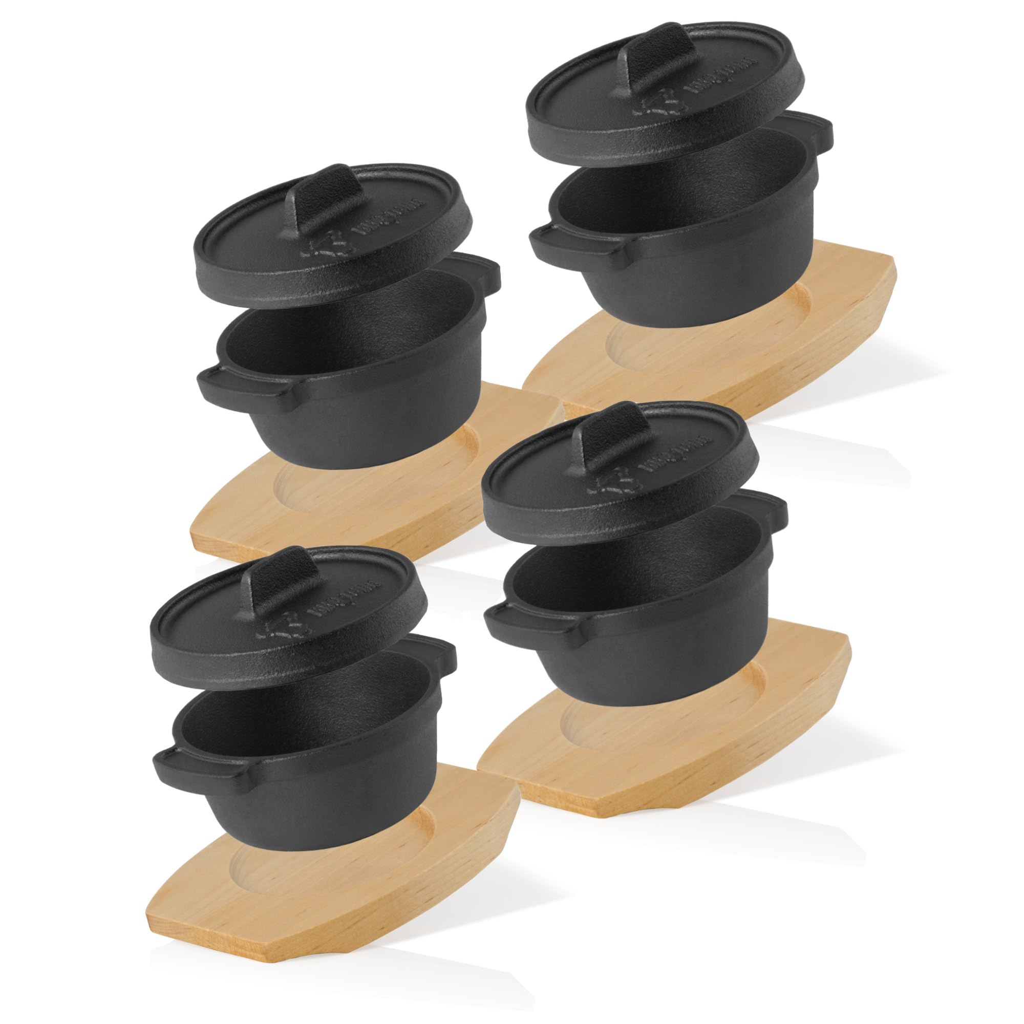 BBQ-Toro Mini kociołek holenderski (4 sztuki) | Ø 11 cm - okrągły - czarny | żeliwny garnek do serwowania z drewnianą podstawą | wstępnie przyprawiony | garnek żeliwny z pokrywką