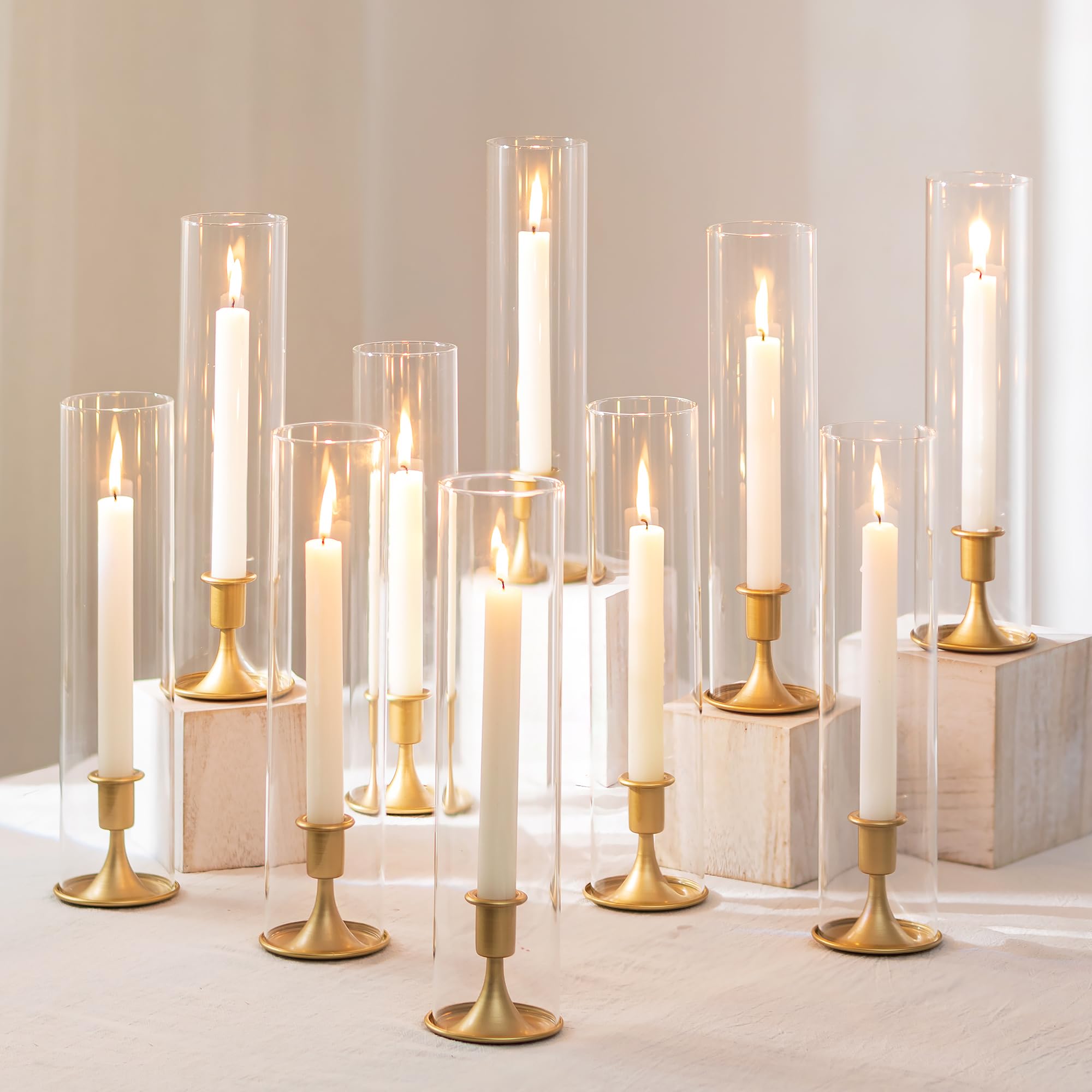 Romadedi Hurricane Portacandele dorato – 10 portacandele conici in vetro trasparente per matrimoni, centrotavola, decorazione per feste, compleanno, Natale, decorazioni per la casa