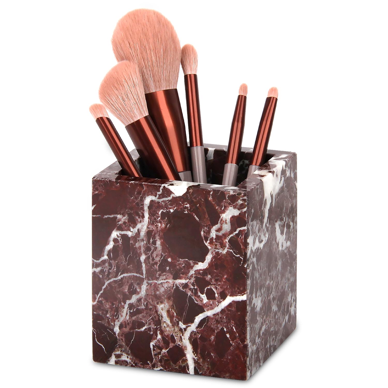 Marble Toothbrush Holder for Bathroom Multifunctional Countertop Organizer for Makeup Brushes, Vanity Accessories, Pen, Utensils Sink 8.5 x 8.5 x 10 cm(Rosso Lepanto)