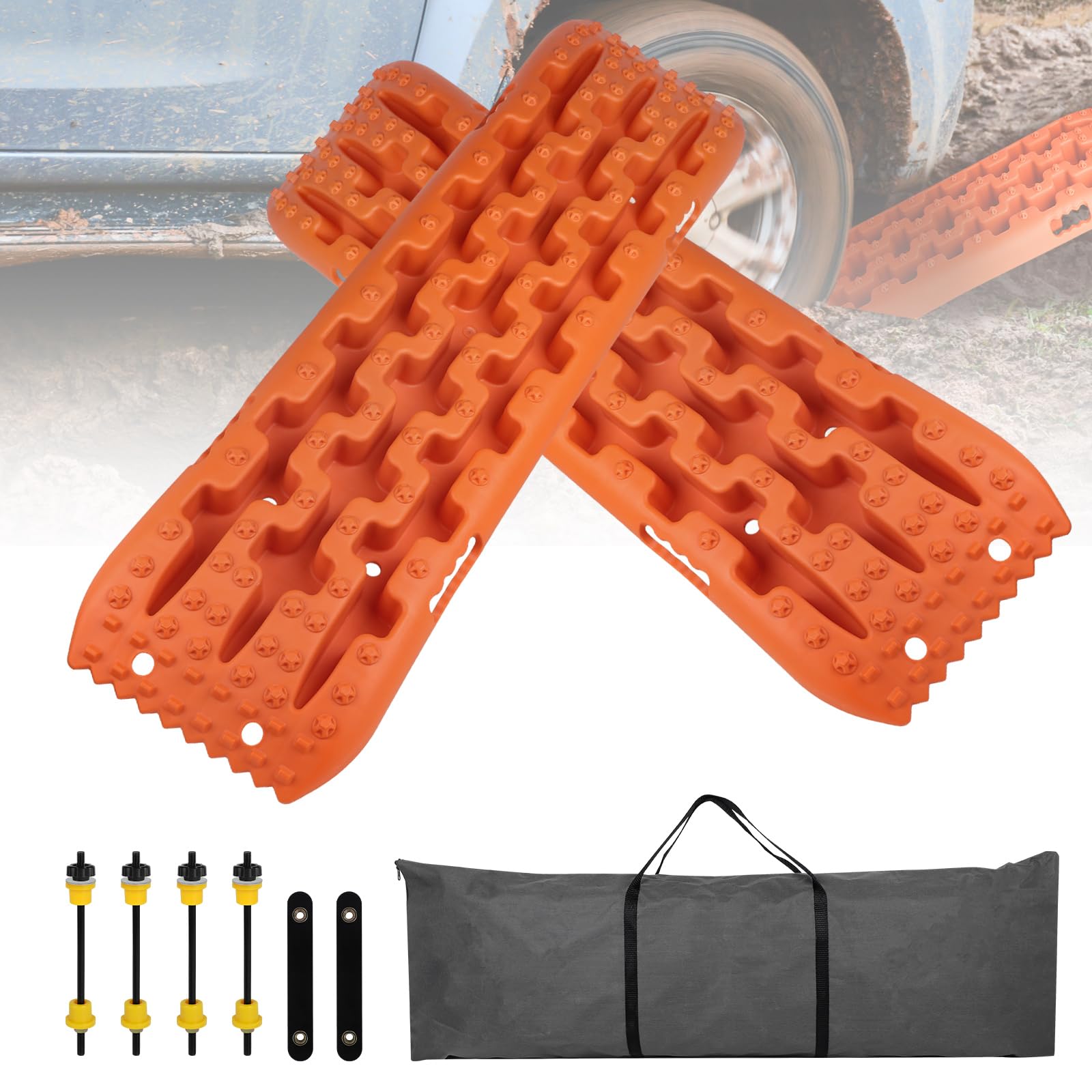 EXLECO 2X Tappetino Trazione Accessori Auto Tavola di Recupero per Piste Offroad Rimorchio Auto Lamiere Sabbia Accessori Fuoristrada Targhe Antiscivolo Piastre Trazione per Sabbia Neve Fango Arancione