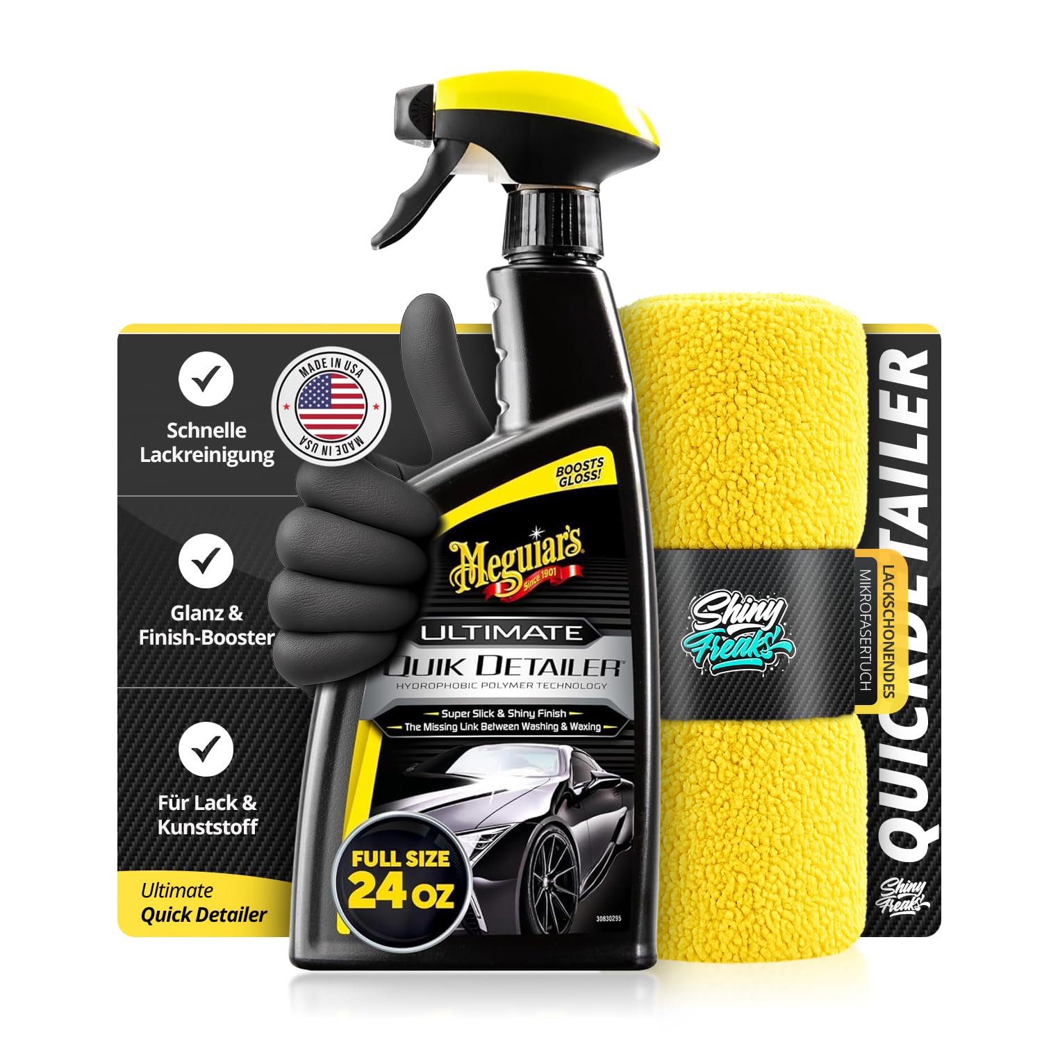 Shiny Freaks Meguiar's Ultimate Quik Detailer 709ml - Schnellreiniger, Polymertechnologie, Entfernt sicher und schnell Staub und Oberflächenverschmutzungen + Zubehör | 3-TLG.