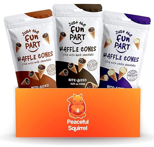 Peaceful Squirrel Variety Just The Fun Part - Conos de gofre paquete de 3 variedad de 3 sabores blanco belga de primera calidad chocolate oscuro y