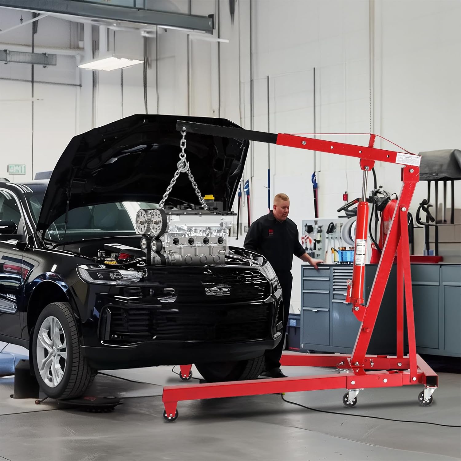 2 Ton Hydraulic Engine Hoist Crane, 4400LBS Folding Heavy-Duty Cherry Picker Engine Hoist with 6 Locking Wheels & 4 Boom Positions for Truck SUV Engines Garage Workshop
