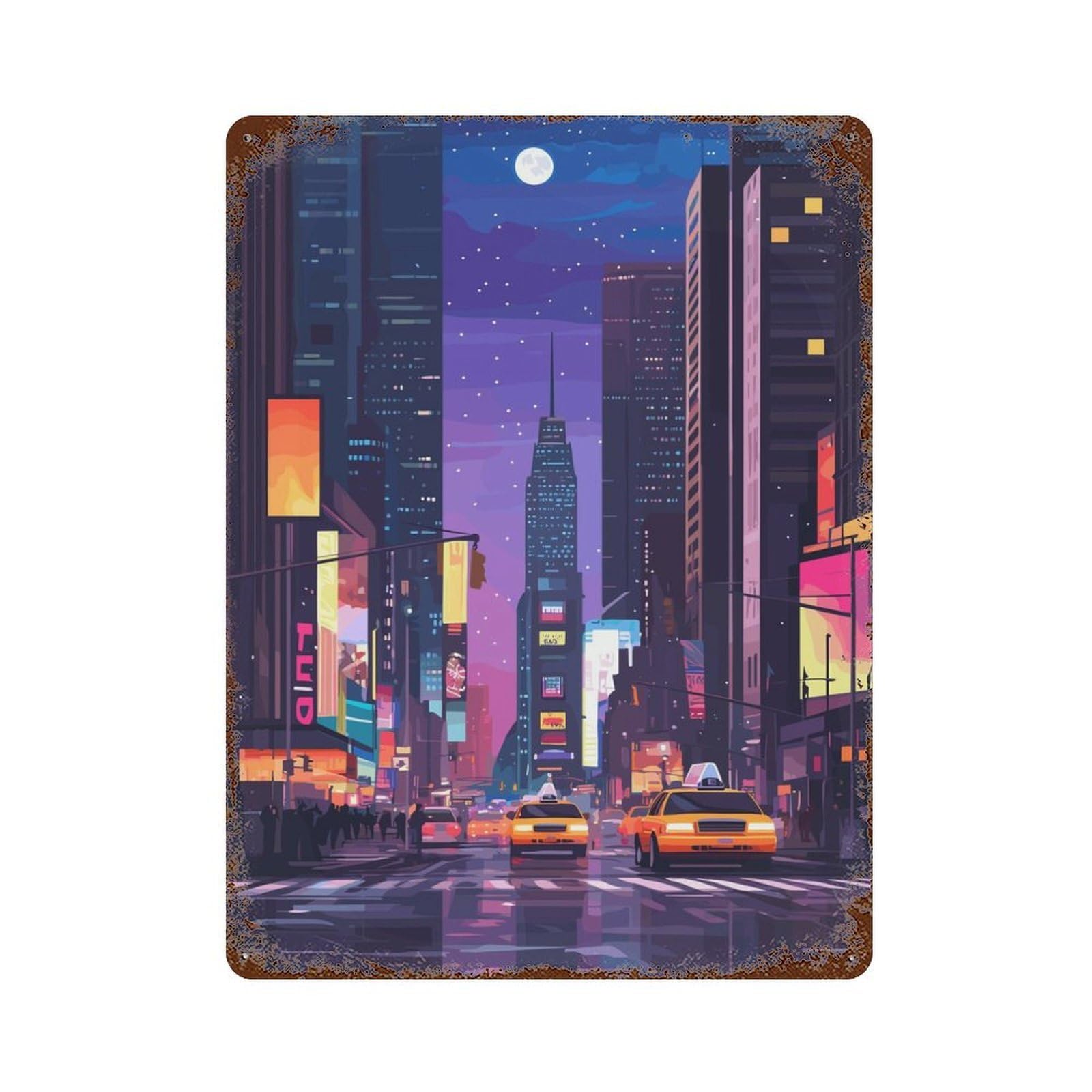 Nighttime Cityscape Rust Effect Tin Sign 15.7"x11.8", Ideal for Farmhouse, Kitchen And Entryway Decor