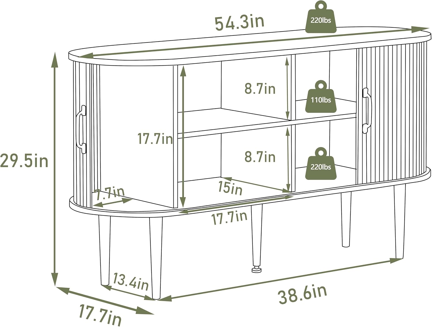 Yardenaler 54” Buffet Sideboard with Curved Side Cabinets & Storage Compartments, Sliding Doors Storage Cabinet with 5 Support Legs, Coffee Bar Sideboard Table for Living Room, Dining Room, Natural