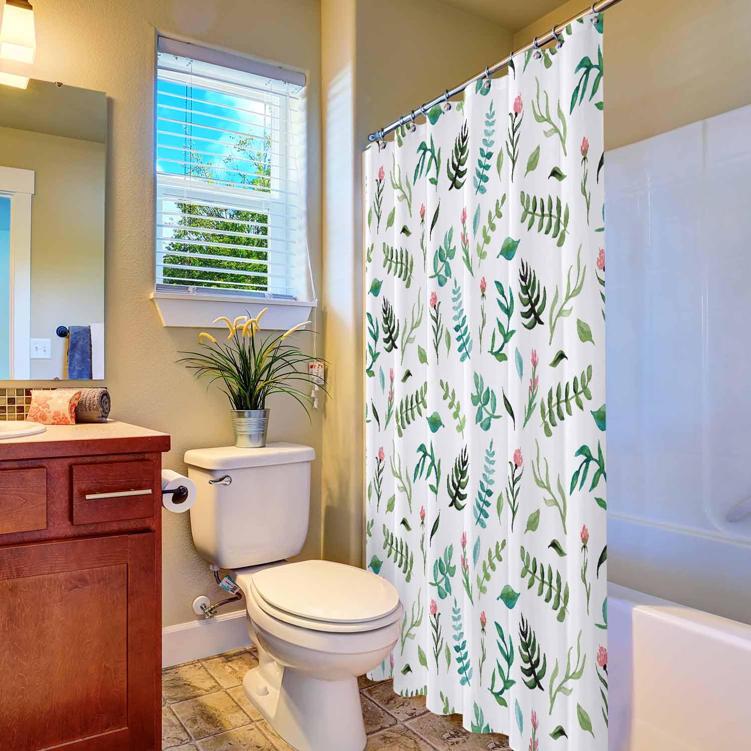 Woutay Shower Curtain Water Repellant Fabric Watercolor Floral Leaves,Mould Proof Resistant,Polyester,with 12 Plastic Hooks - Image 4