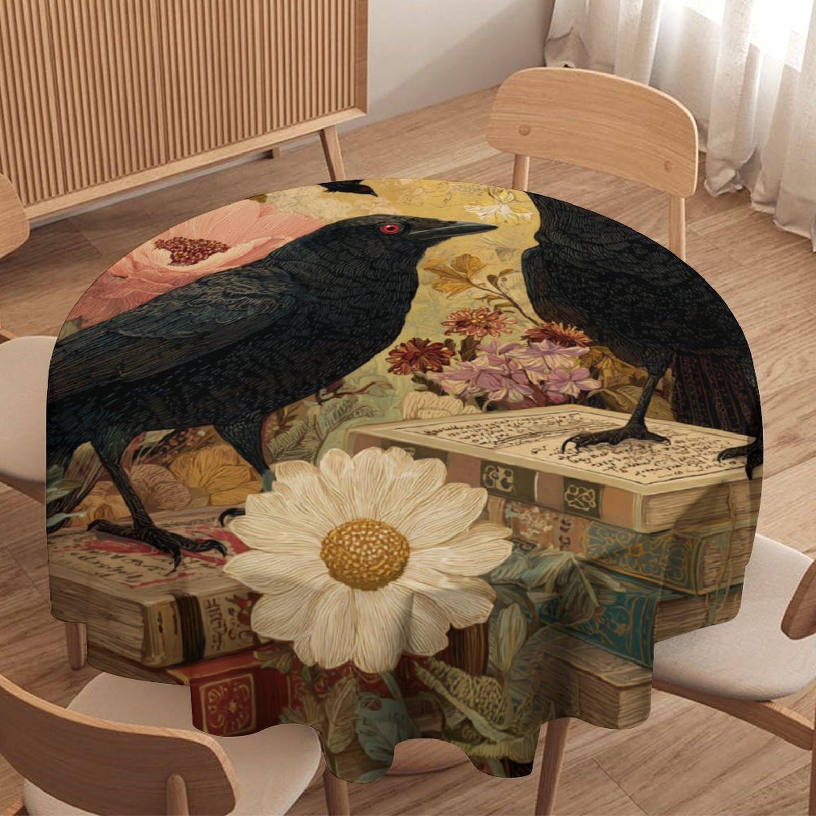 LUYYSKY Rustic Abstract Animal Crow Waterproof Round Tablecloth Classic Gothic Watercolor Wildlife Raven Plant Daisies Floral Books Washable Table Cover for Kitchen-91.4" Wx91.4 L cm