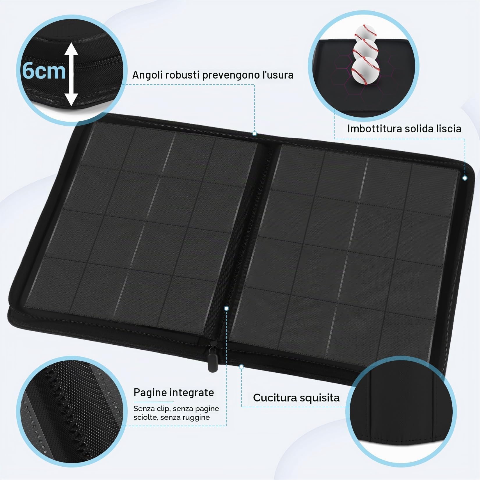 WITHYU Album da Collezione per Carte 16 Tasche, Capacità 1024 Carte - Portacarte Impermeabile Caricamento Laterale con Zip per TCG, Calcio & Collezioni, Portatile (Nero)