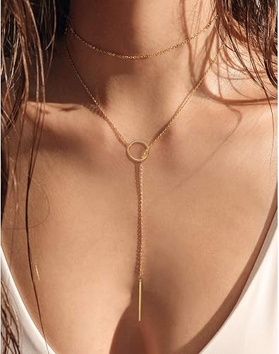 Vista 6 de FOCALOOK Collares largos para mujer, chapados en oro de 14 quilates, delicado colgante de barra de gota en forma de Y, juego de aretes de 28 pulgadas